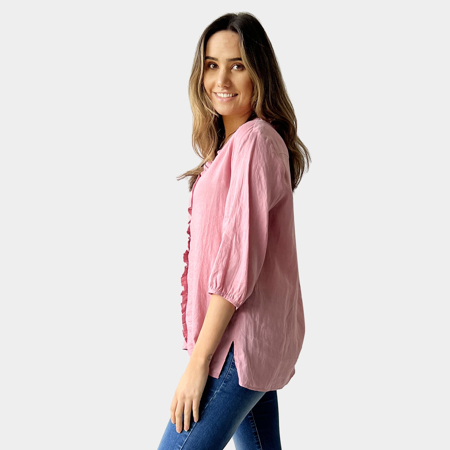 AM02479 100%LINEN V NECK TRIM TOP