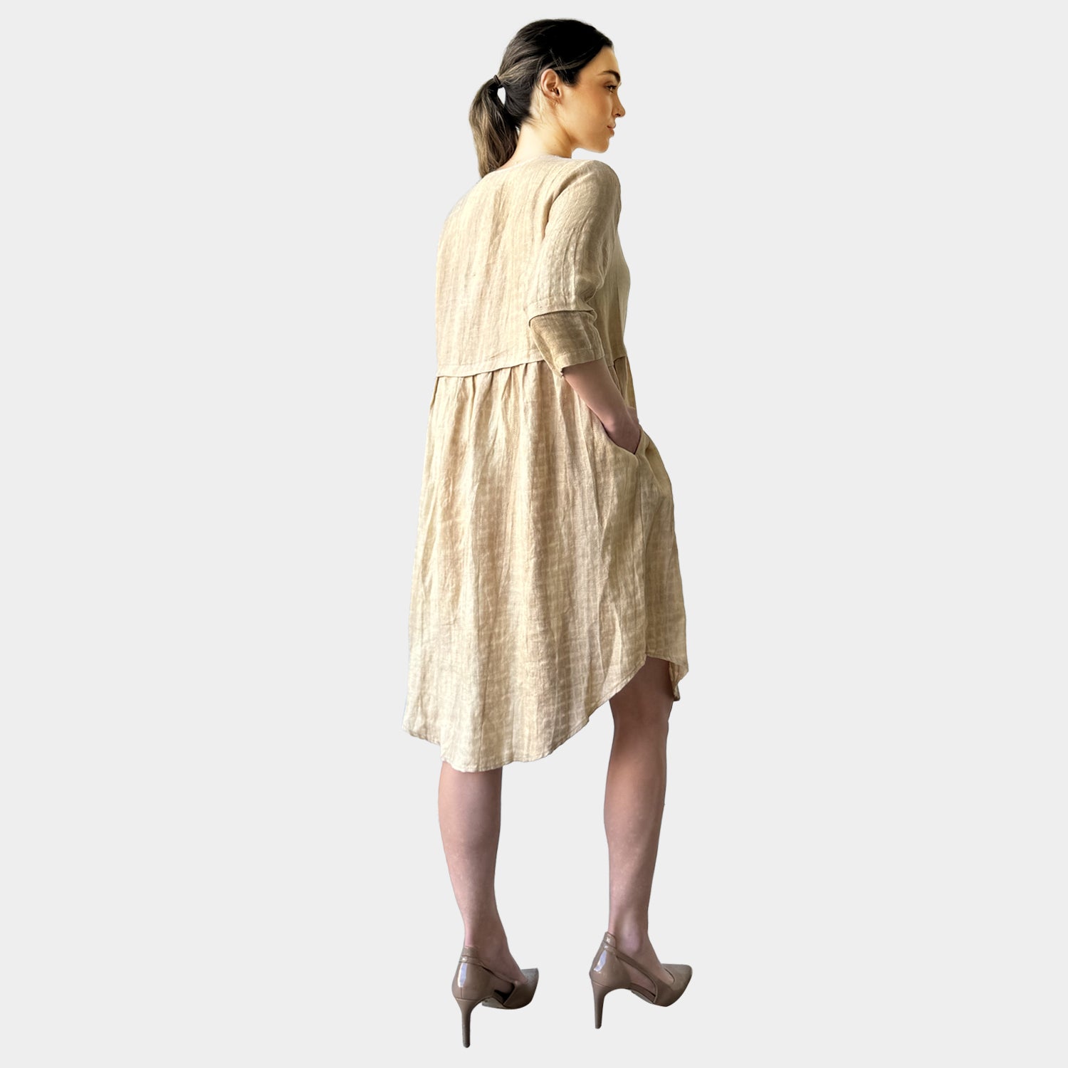AM023048 HIGH QUALITY 100%LINEN SIDE POCKET DRESS
