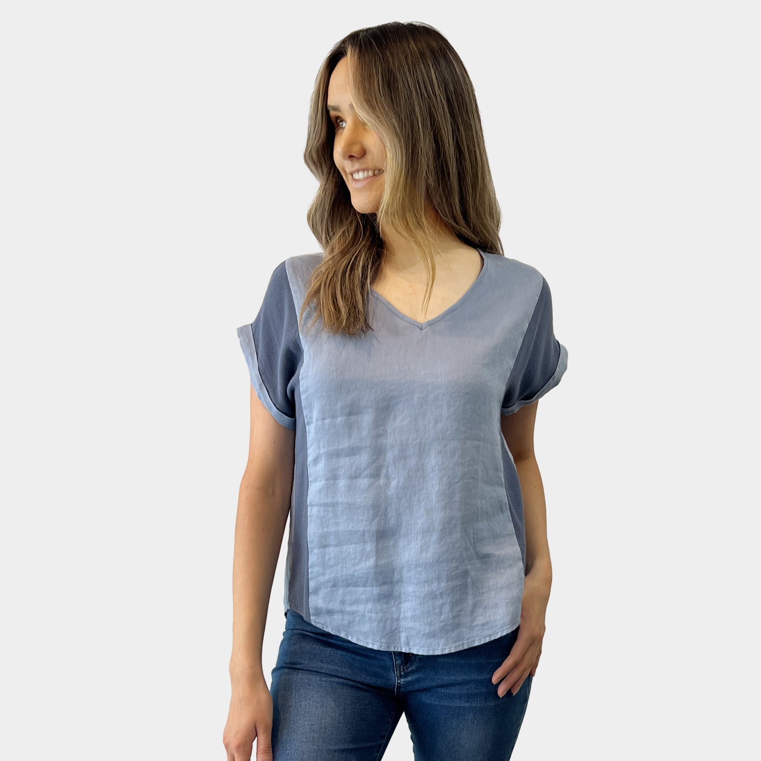 AM01265 V NECK MIX TRIM 100%LINEN TOP