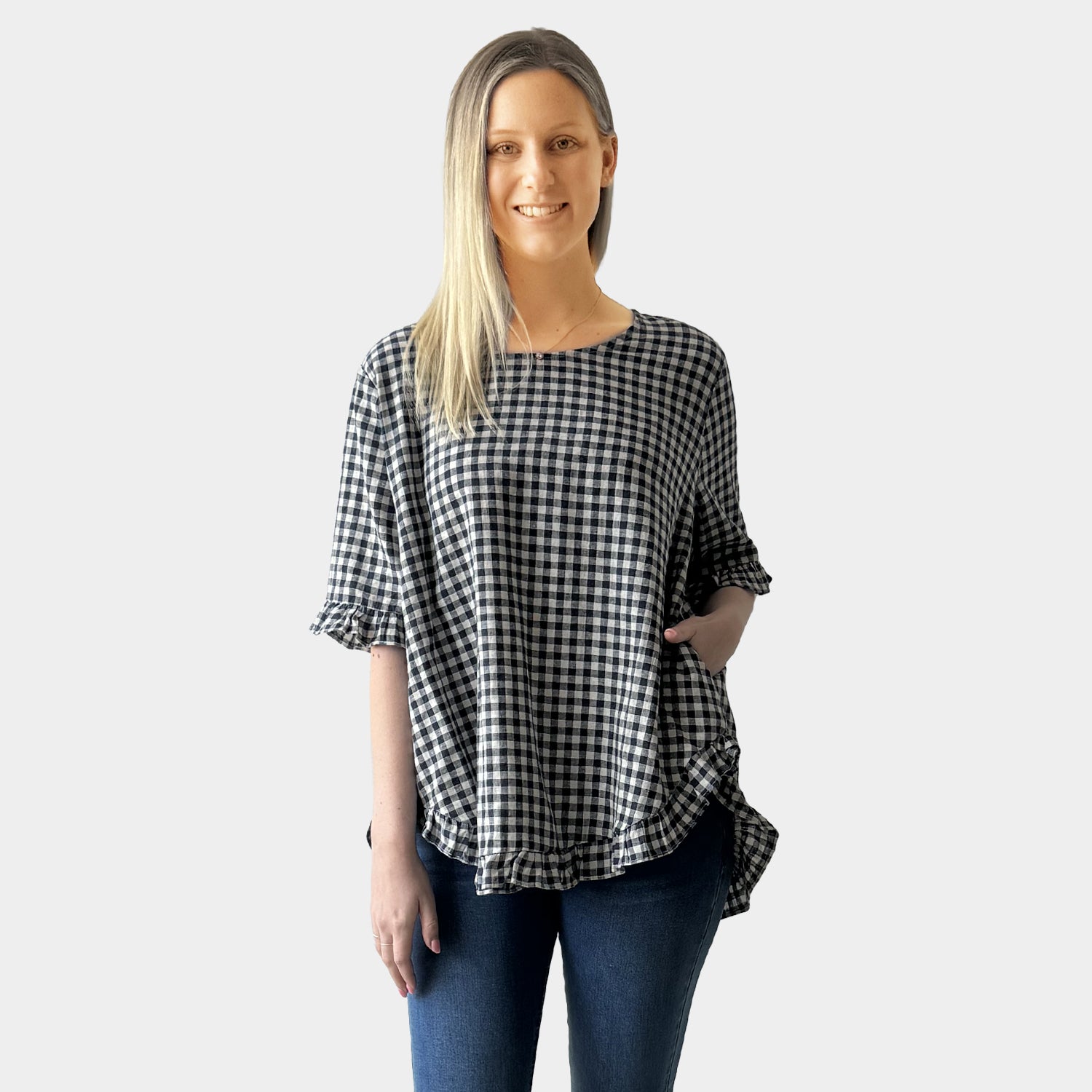 AM02497 TINY CHECK & SIDE POCKET TOP