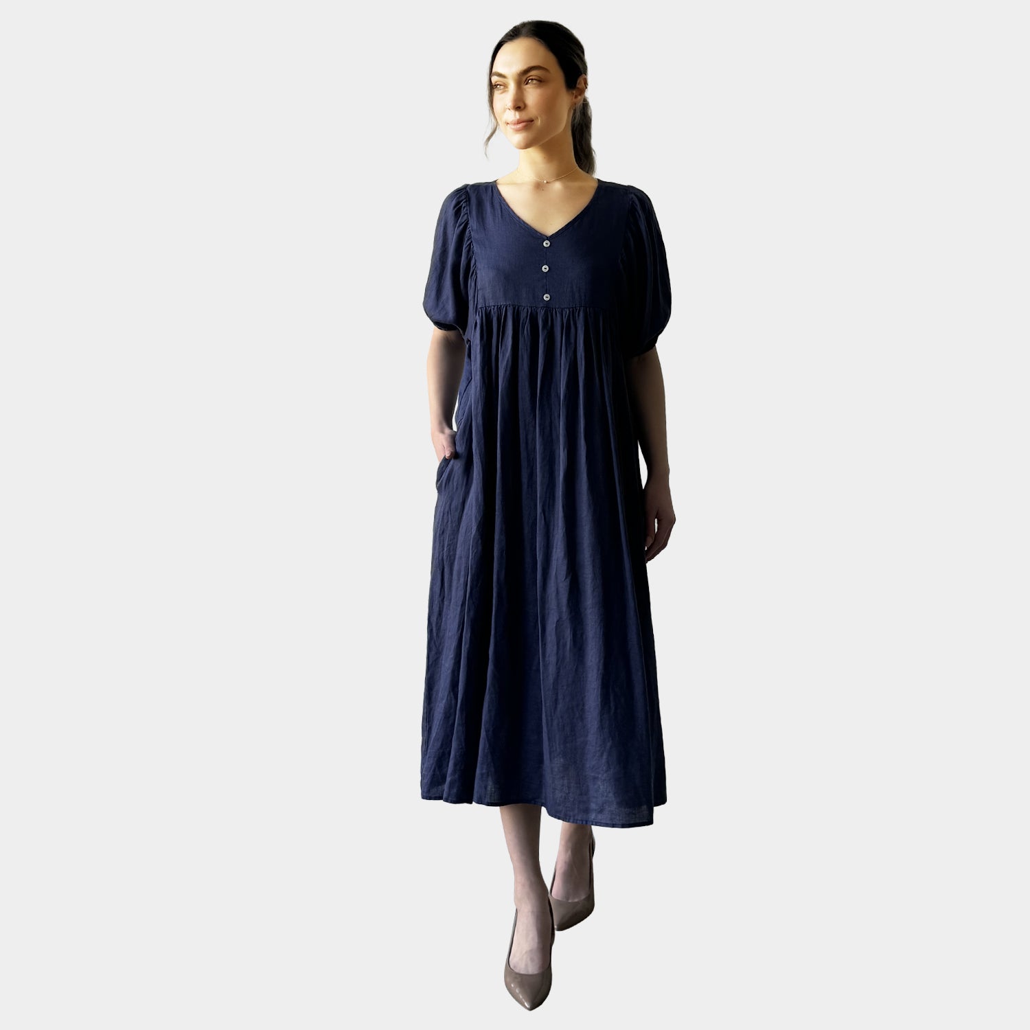 AM0221 SIDE POCKET V NECK 100%LINEN DRESS