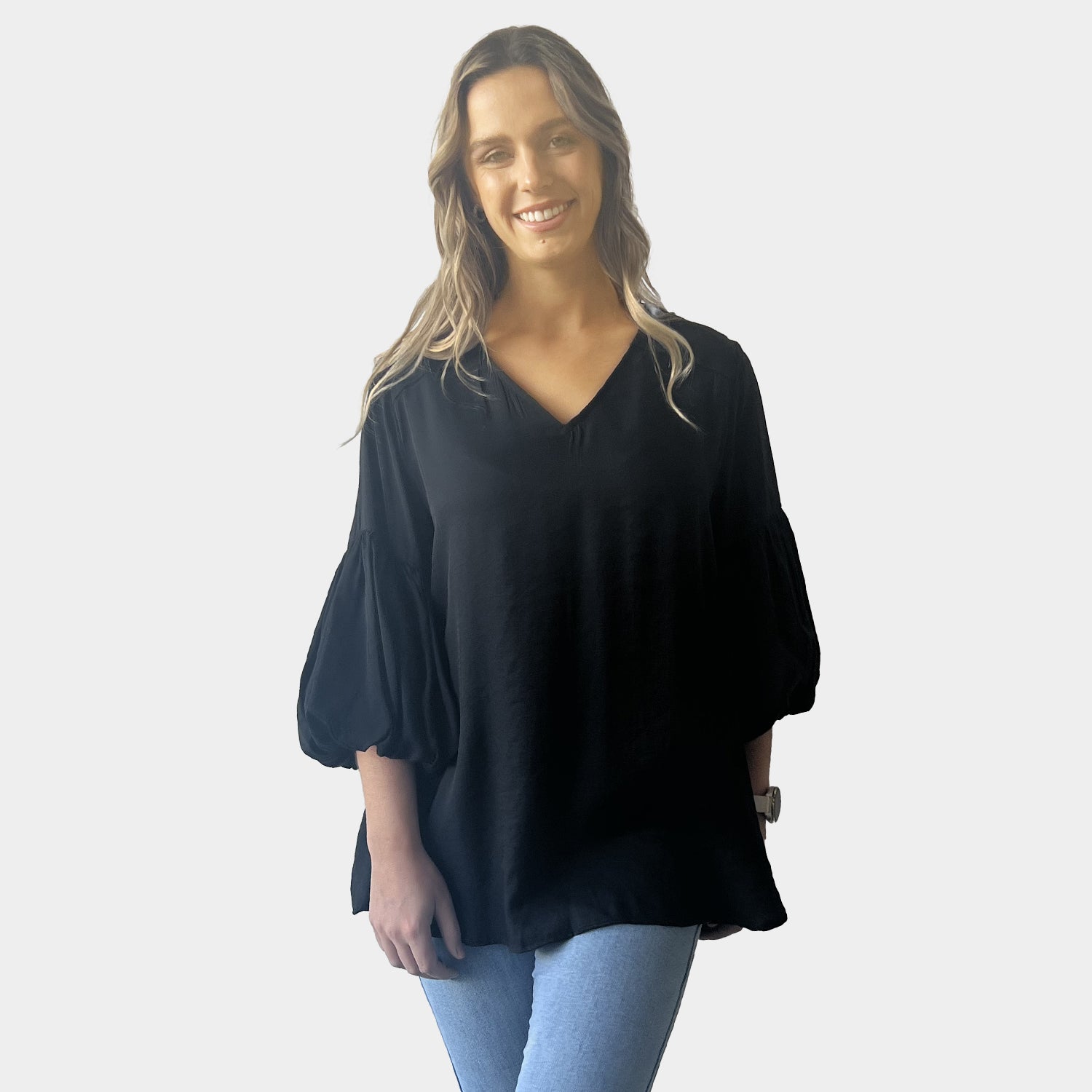AM022123-1 LANTERN SLEEVE & V NECK LOOSE TOP