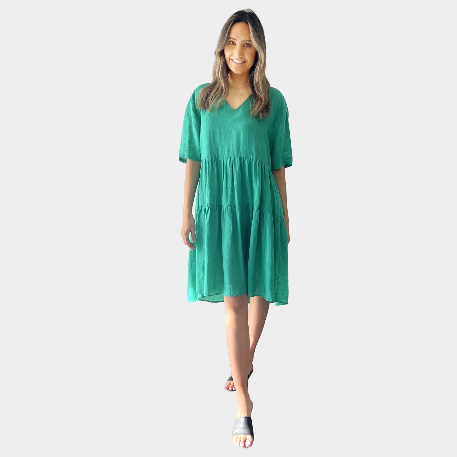 AM01128 SIDE POCKETS V NECK 100%LINEN DRESS