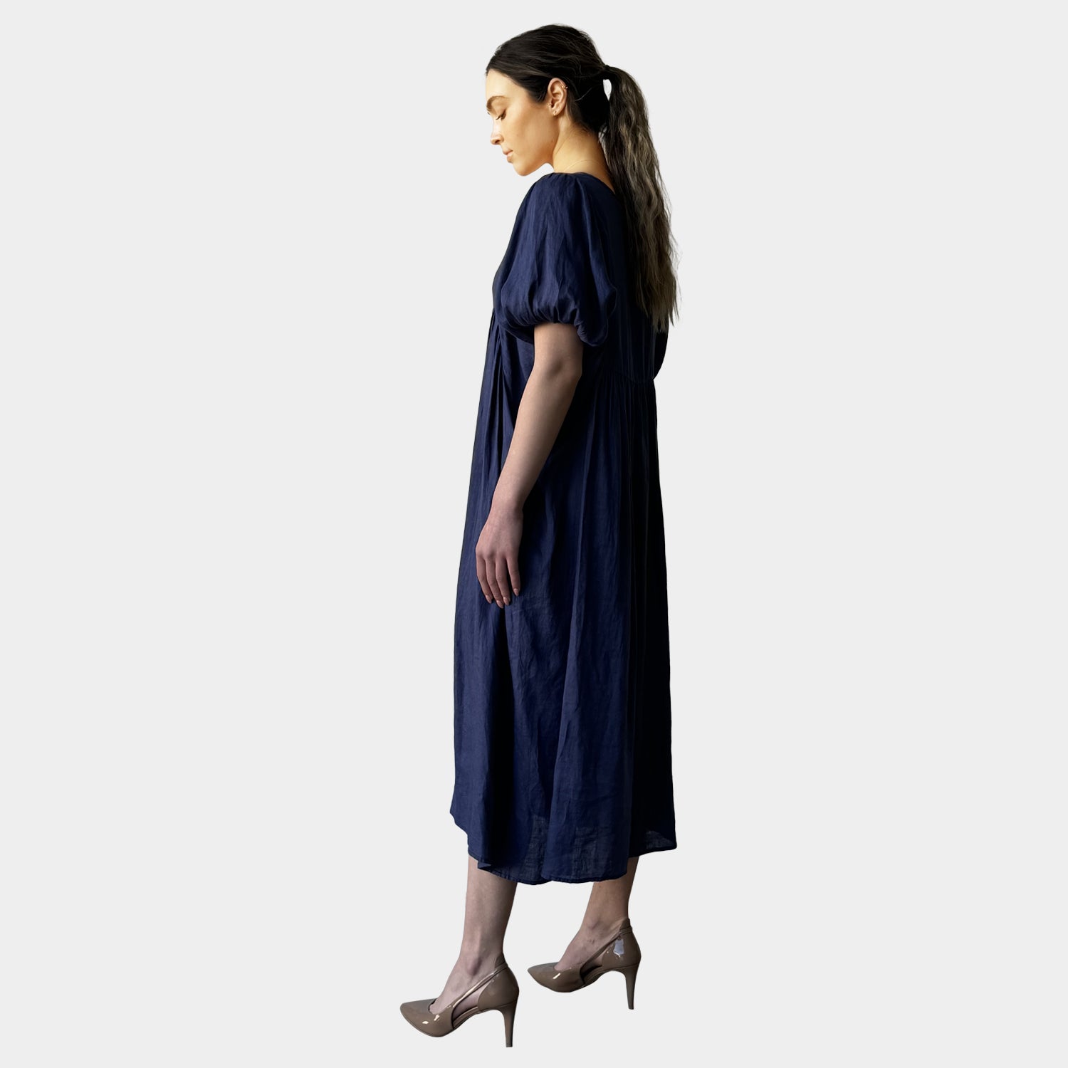 AM0221 SIDE POCKET V NECK 100%LINEN DRESS