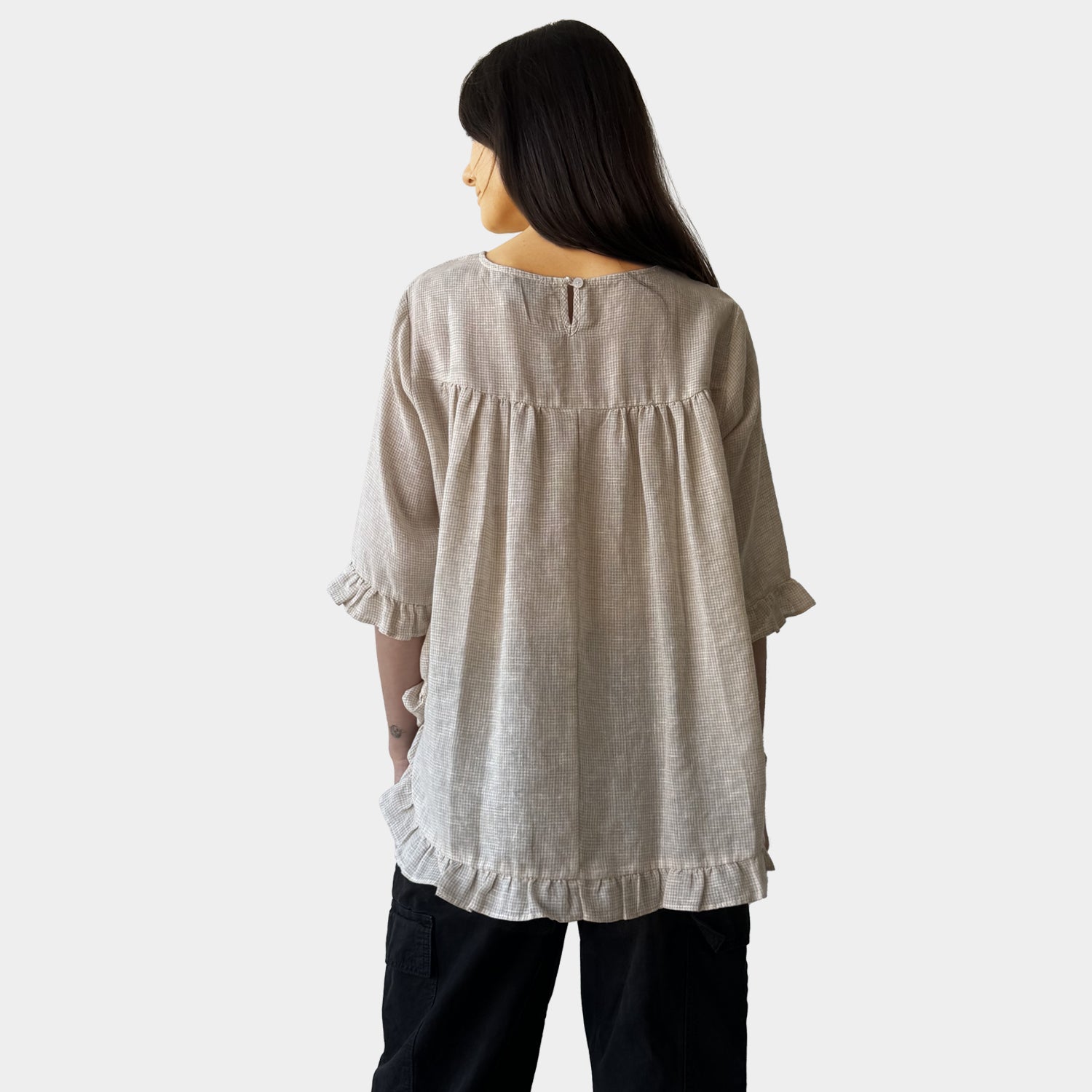 AM02496-1 GINGHAM SIDE POCKET 100%LINEN TOP