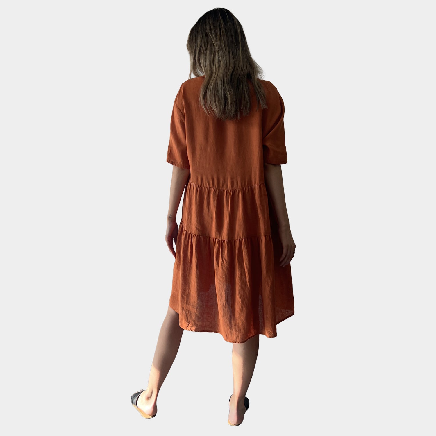 AM01128 SIDE POCKETS V NECK 100%LINEN DRESS