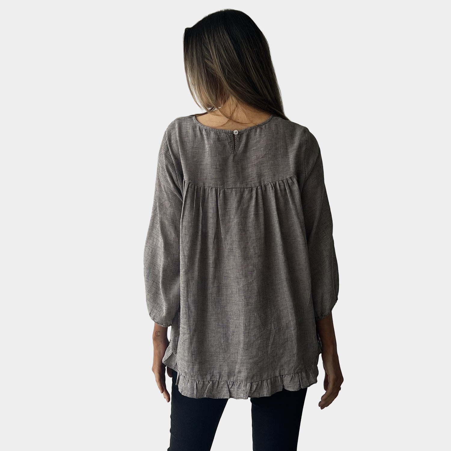 AM022156 SIDE POCKET GINGHAM 100%LINEN TOP