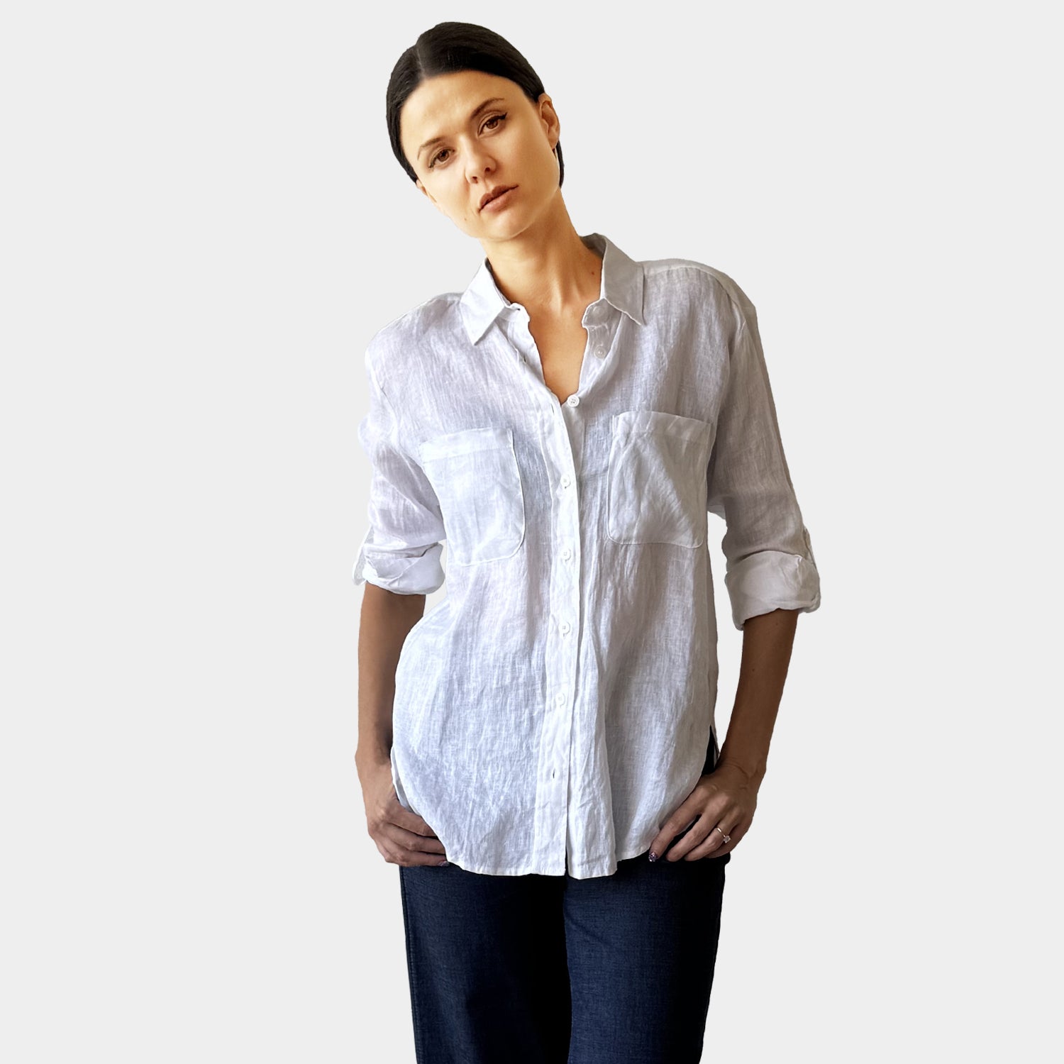 AM02368 TWO SIDE POCKET 100%LINEN SHIRT
