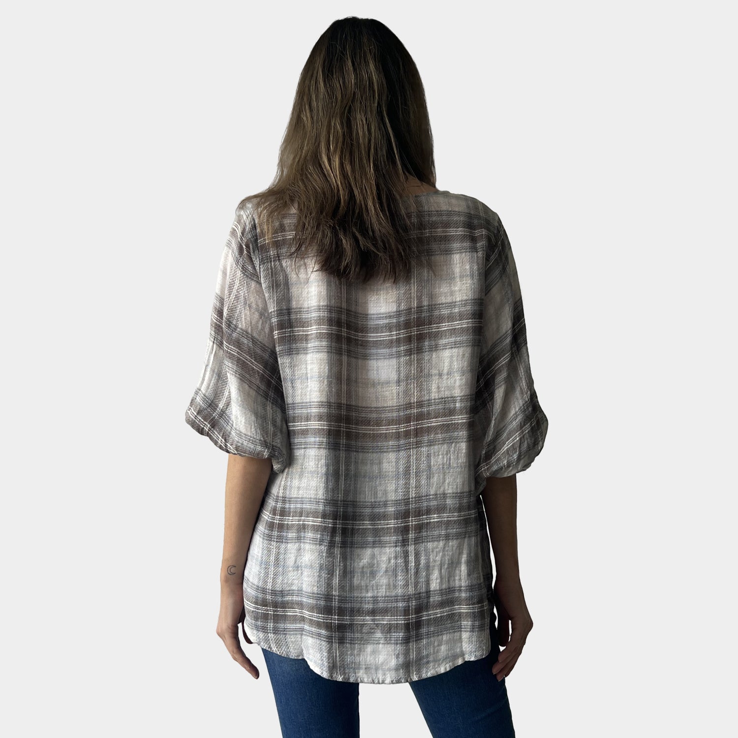 AM02390 100%LINEN GINGHAM TOP