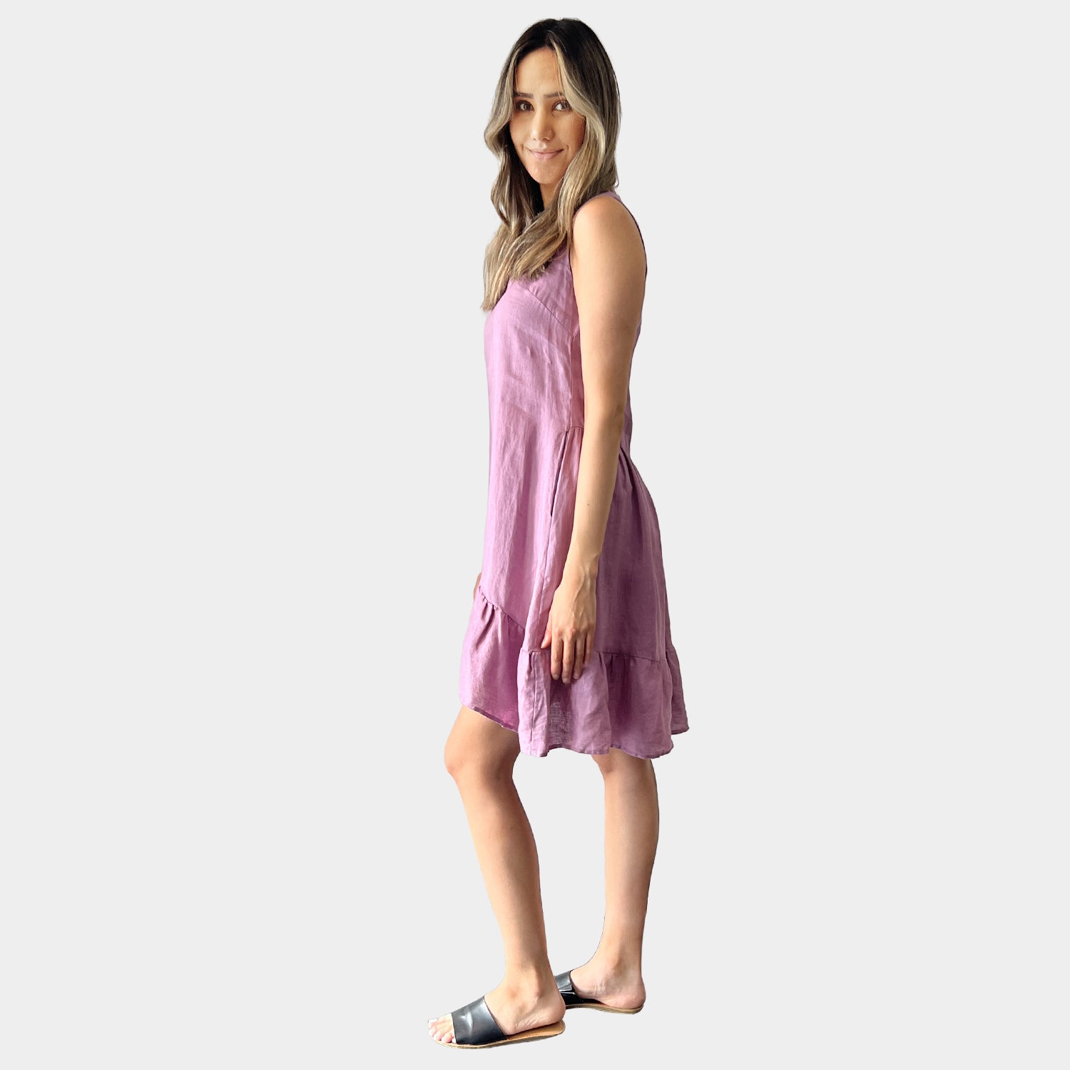 AM01131-1 SLEEVELESS SIDE POCKET 100%LINEN DRESS (SALE)