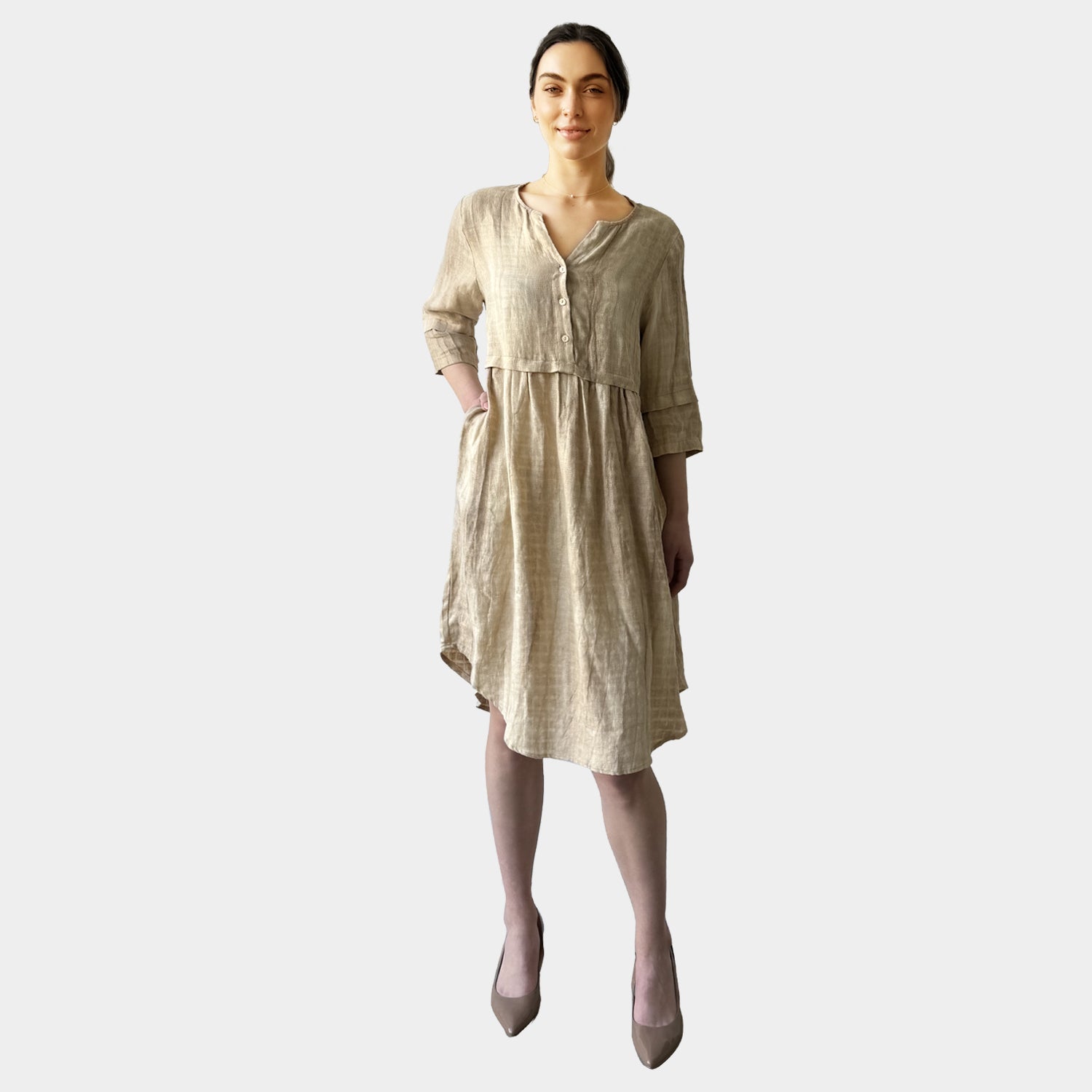 AM023048 HIGH QUALITY 100%LINEN SIDE POCKET DRESS