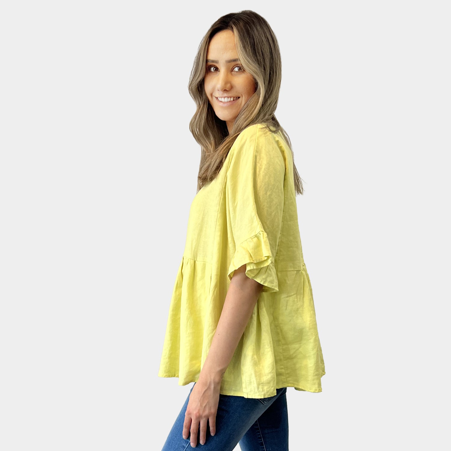 AM01191 V NECK SIDE POCKET 100%LINEN TOP