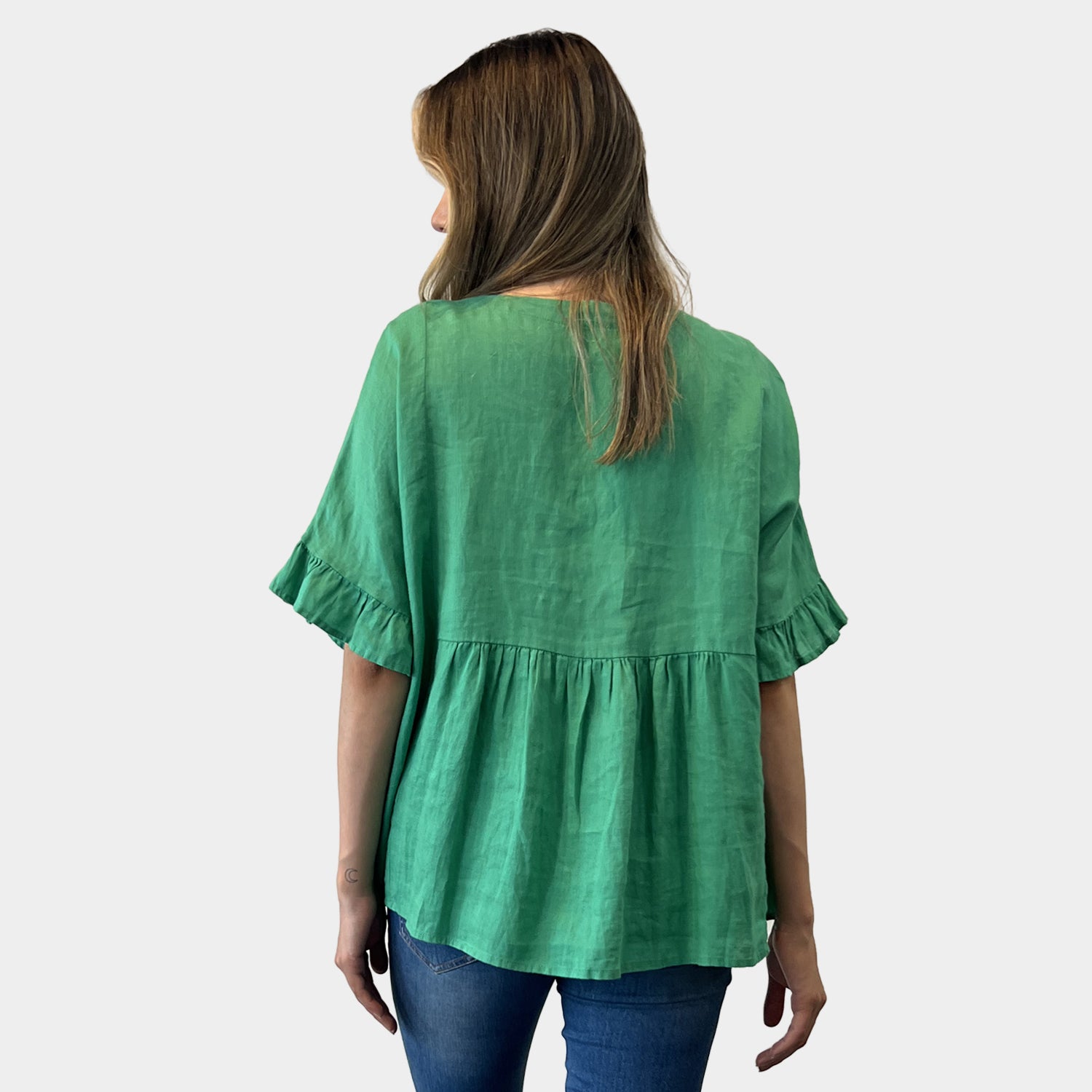 AM01191 V NECK SIDE POCKET 100%LINEN TOP