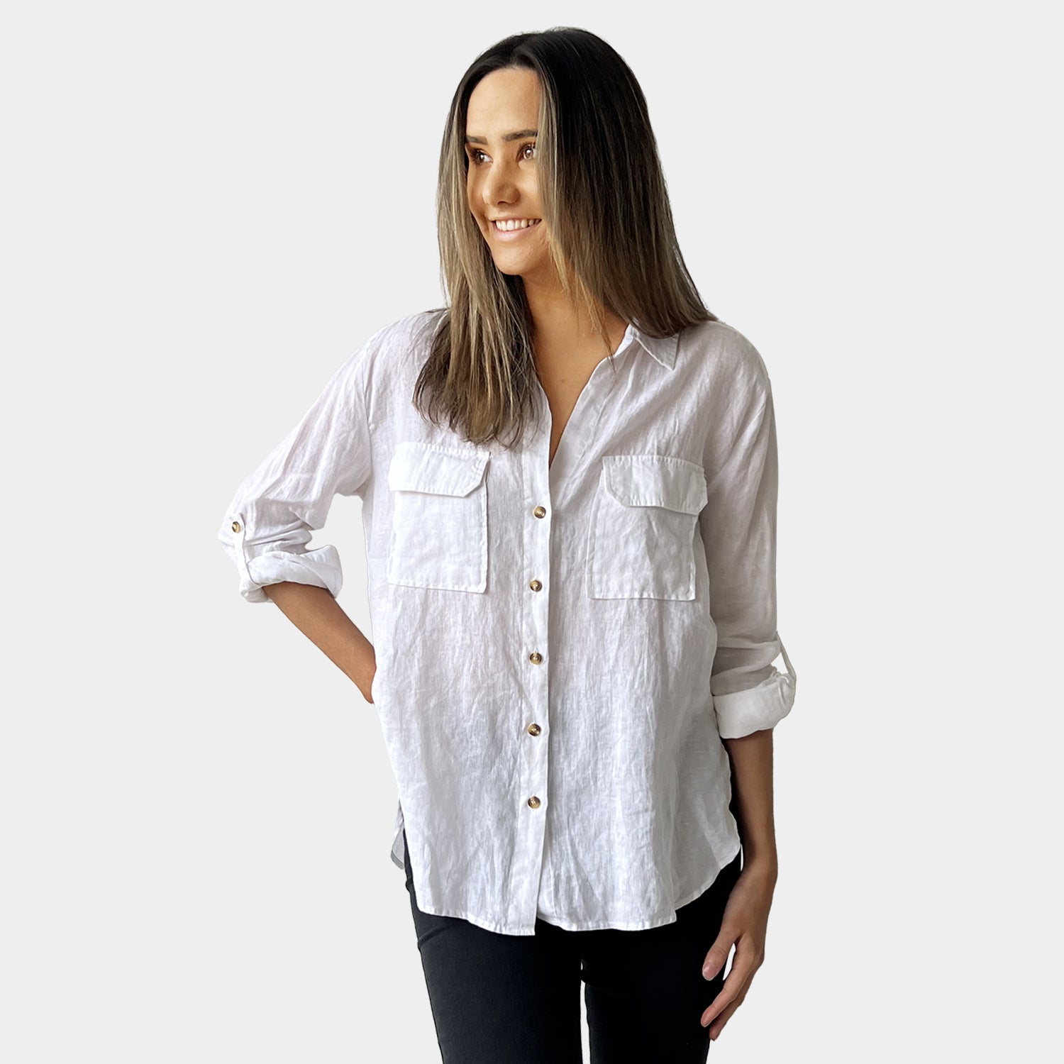 AM024019 CASUAL POCKET 100%LINEN SHIRT