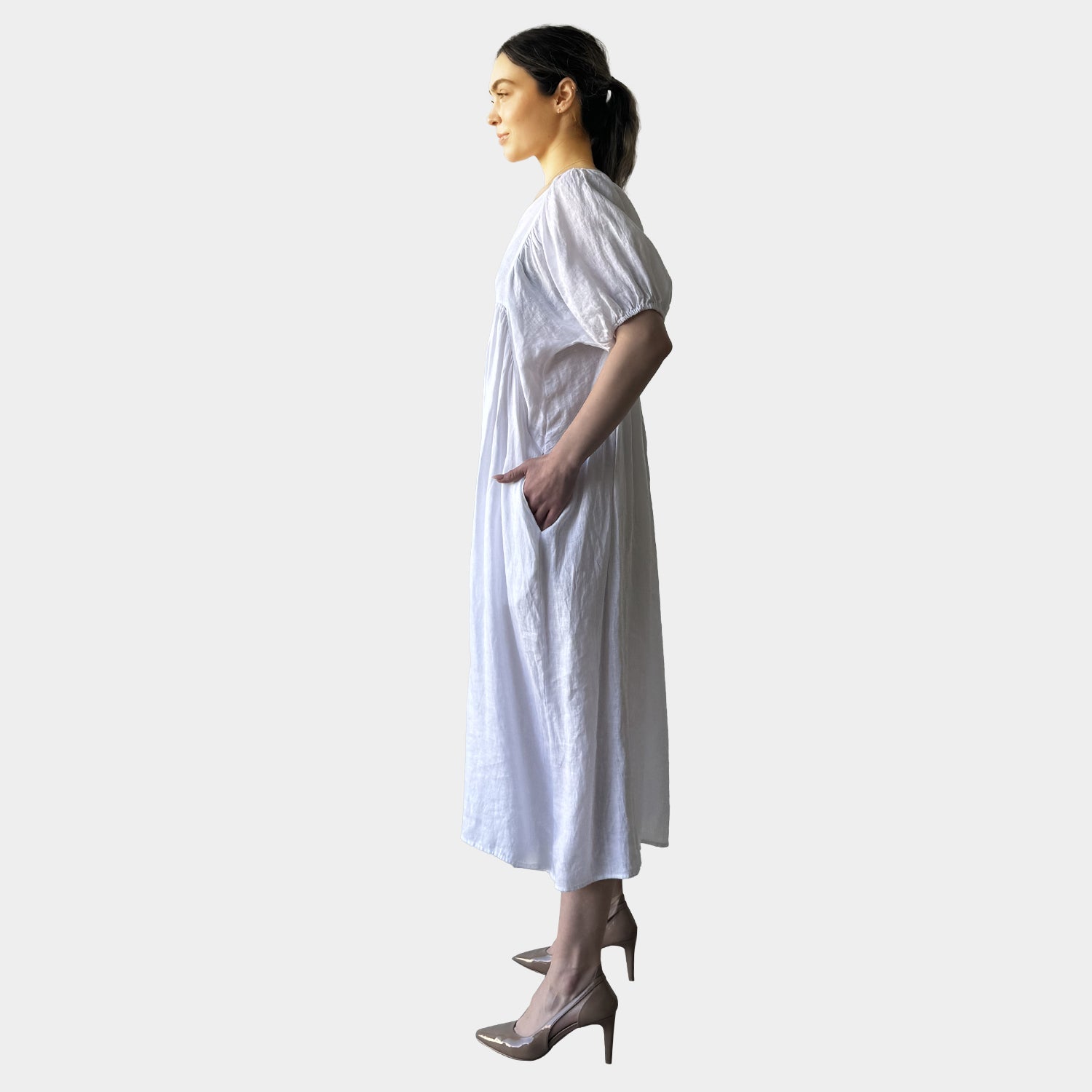 AM0221 SIDE POCKET V NECK 100%LINEN DRESS