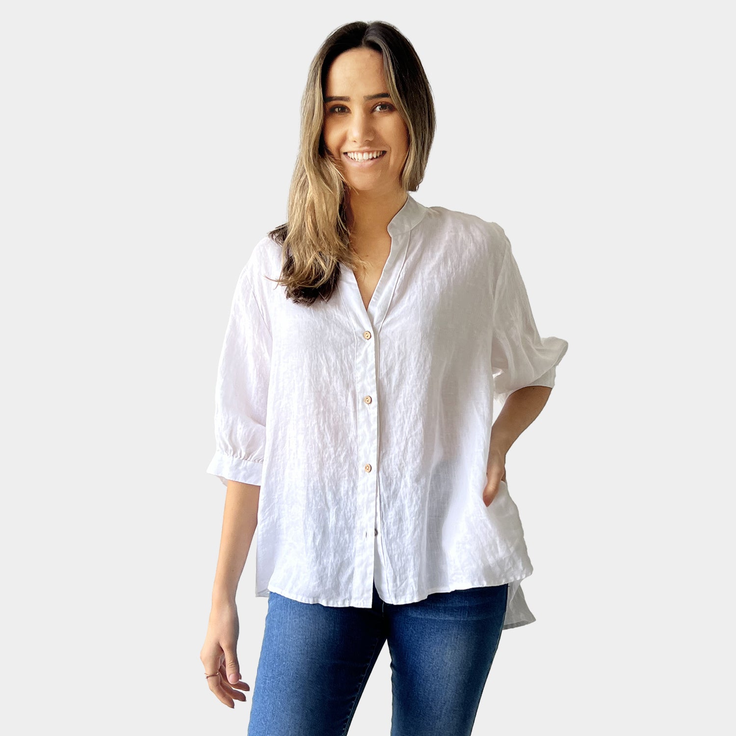 AM01240 BUTTON TRIM 100%LINEN SHIRT