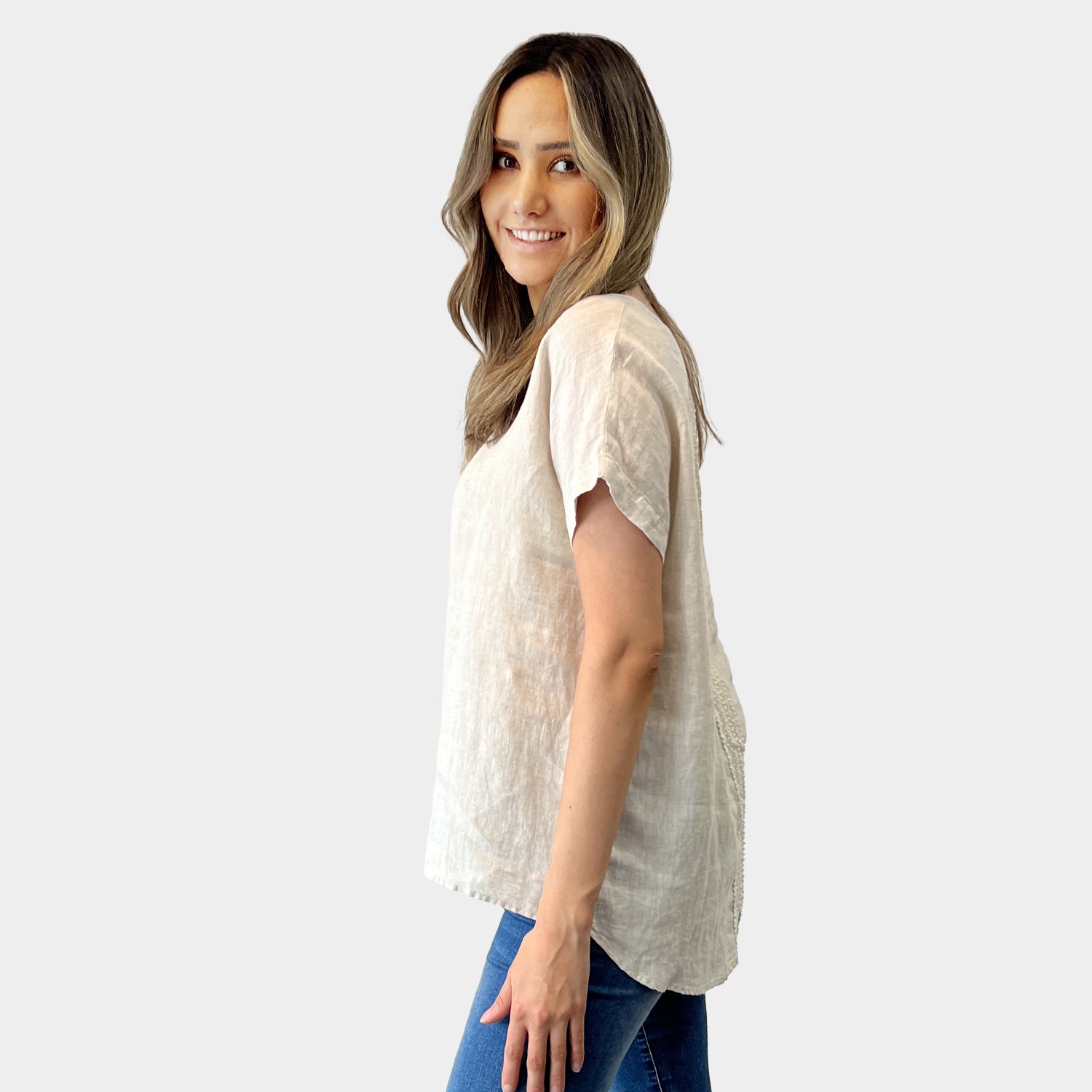 AM02412 BACK LACE TRIM 100%LINEN TOP