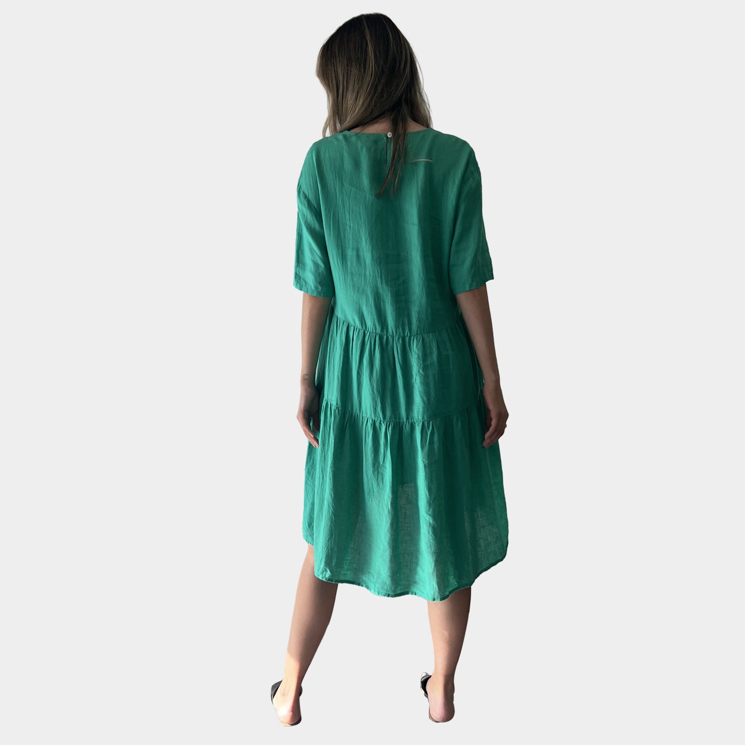 AM01128 SIDE POCKETS V NECK 100%LINEN DRESS