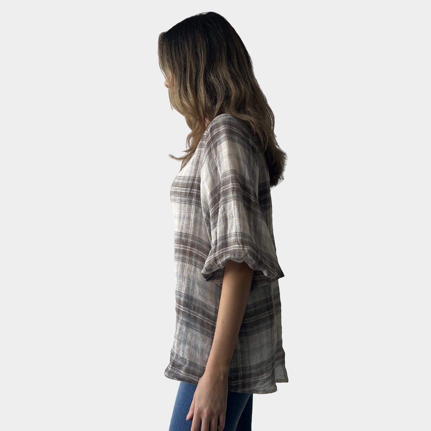 AM02390 100%LINEN GINGHAM TOP