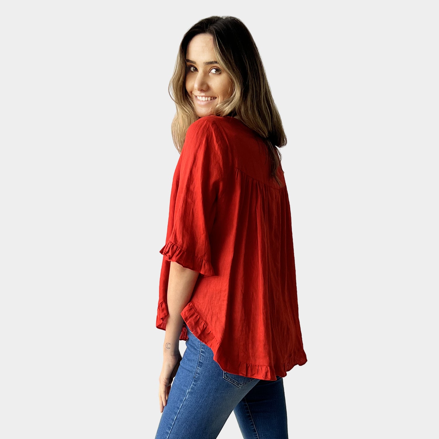 AM02496 100%LINEN SIDE POCKET TOP