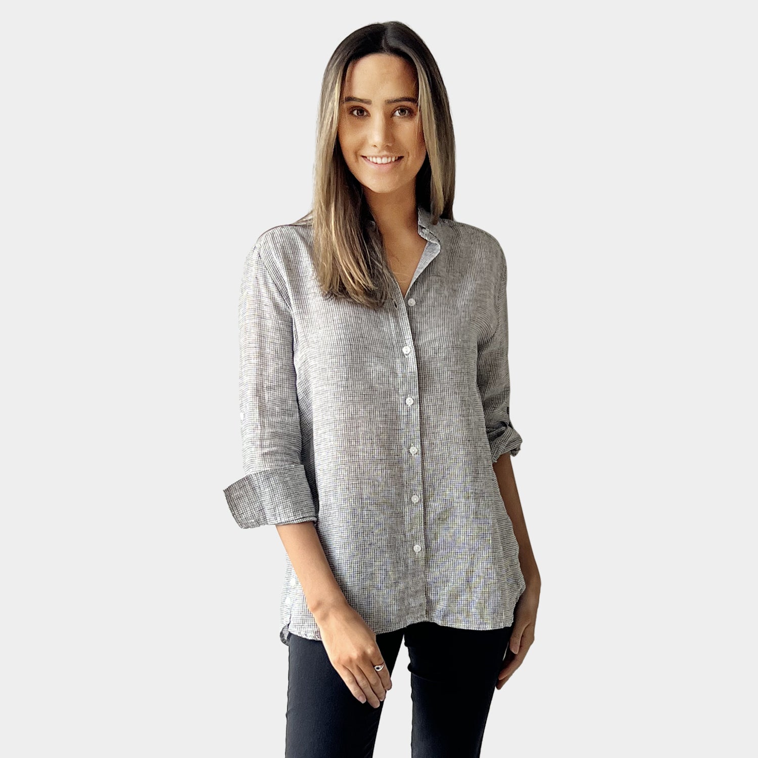 AM02452-1 GINGHAM 100%LINEN SHIRT