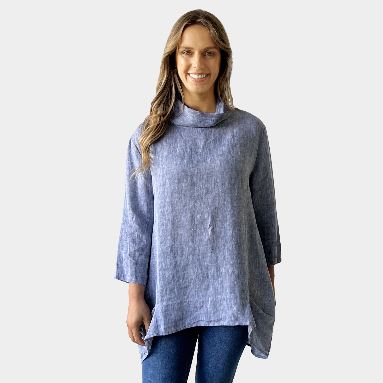 AM01283 MID NECK DEIGN LOOSE 100%LINEN TOP