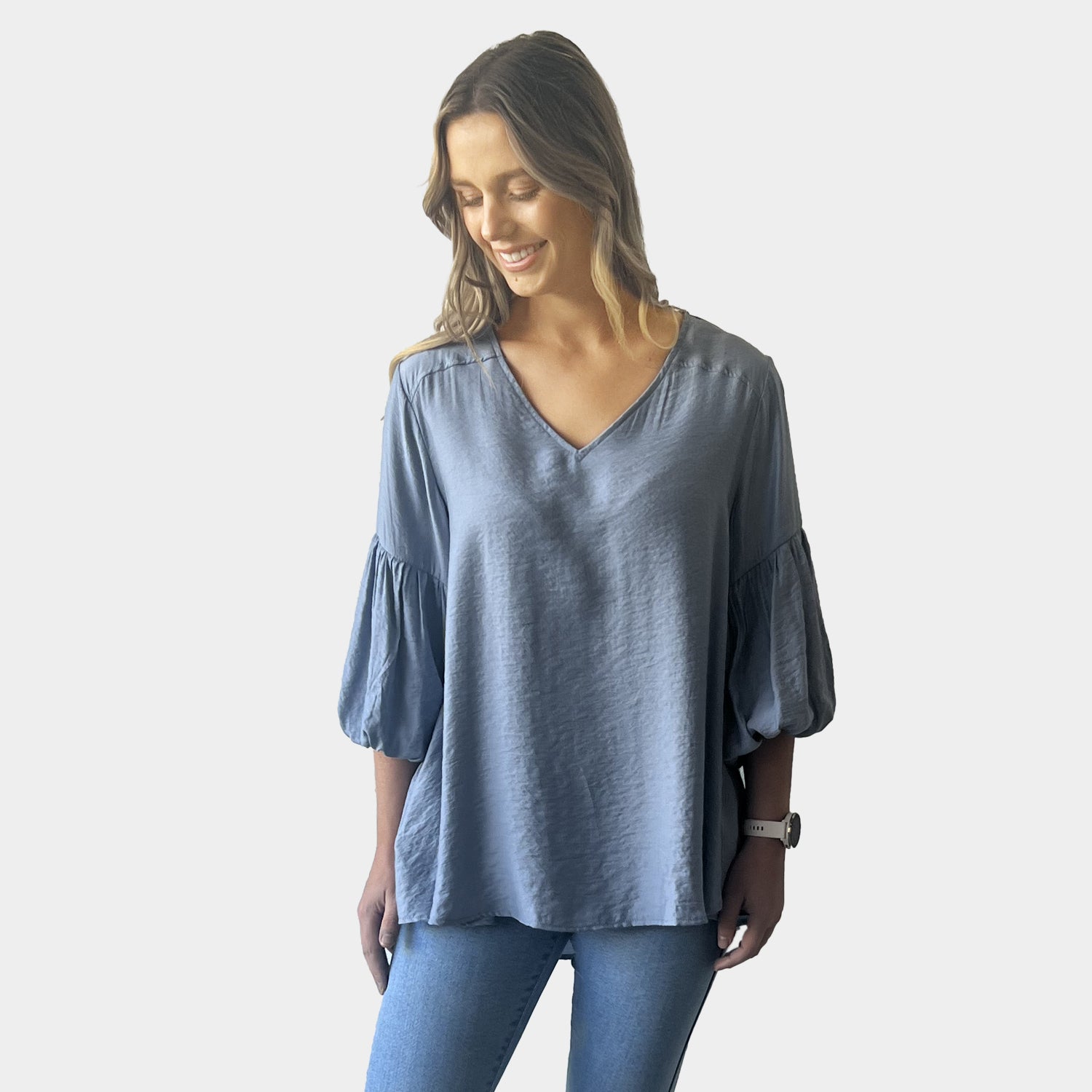AM022123-1 LANTERN SLEEVE & V NECK LOOSE TOP