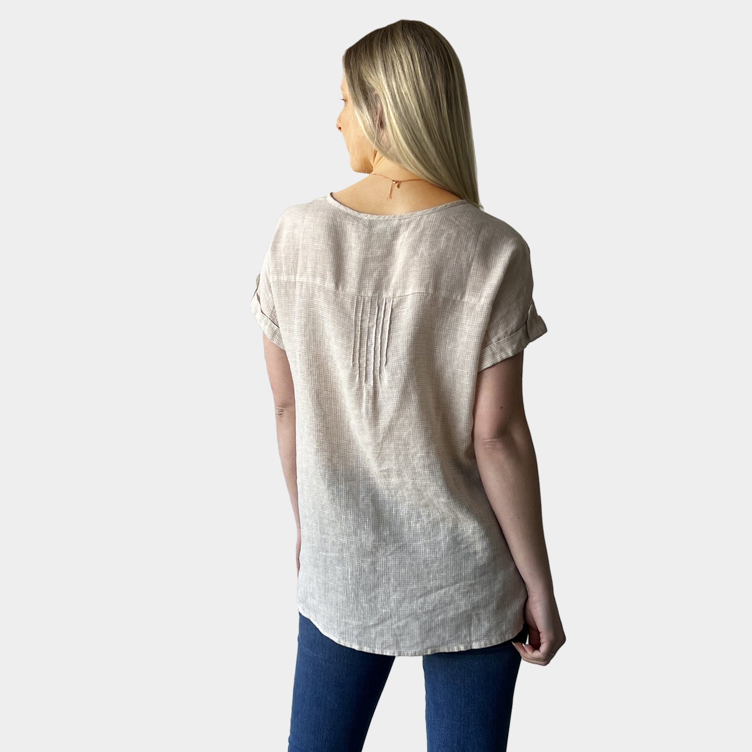 AM0222-1 TINY GINGHAM V NECK 100%LINEN TOP