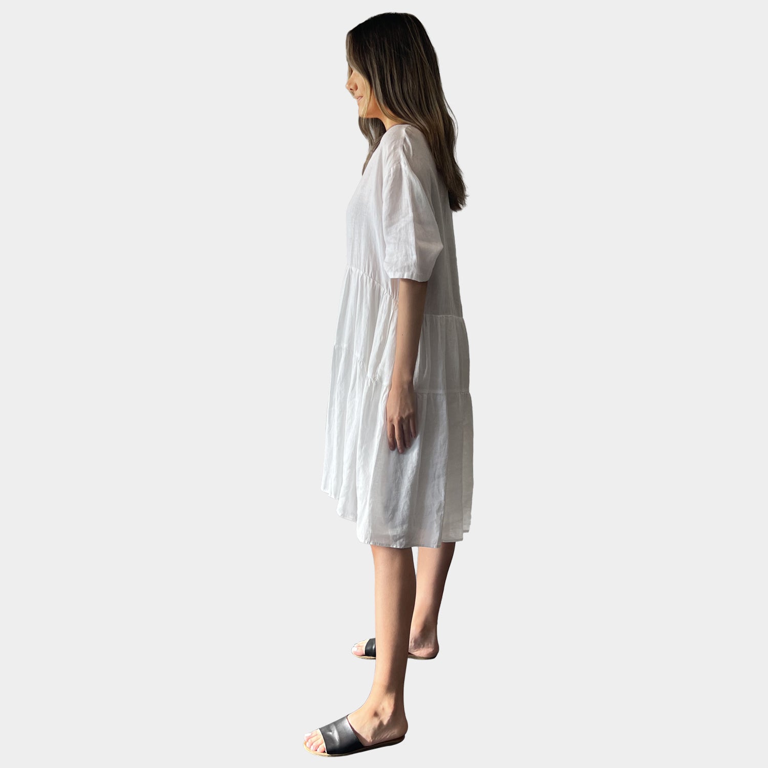 AM01128 SIDE POCKETS V NECK 100%LINEN DRESS