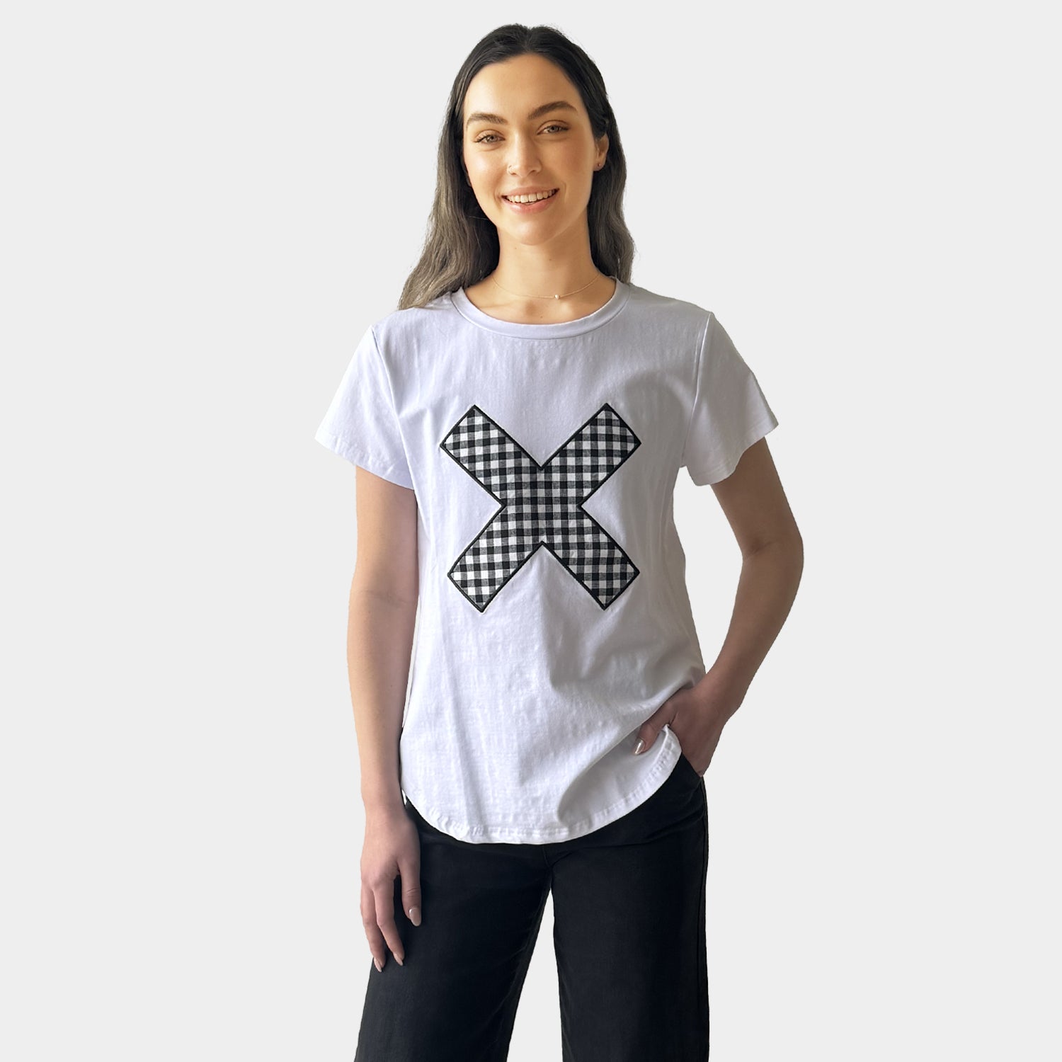 AM01267-3 EMBROIDERY GINGHAM CROSS TEE (SALE)