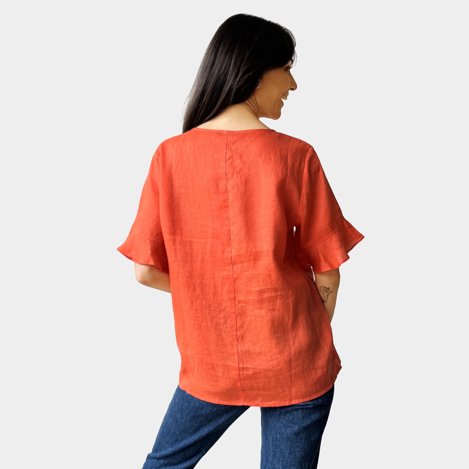 AM023012 FLEXIBLE WAIST 100%LINEN TOP