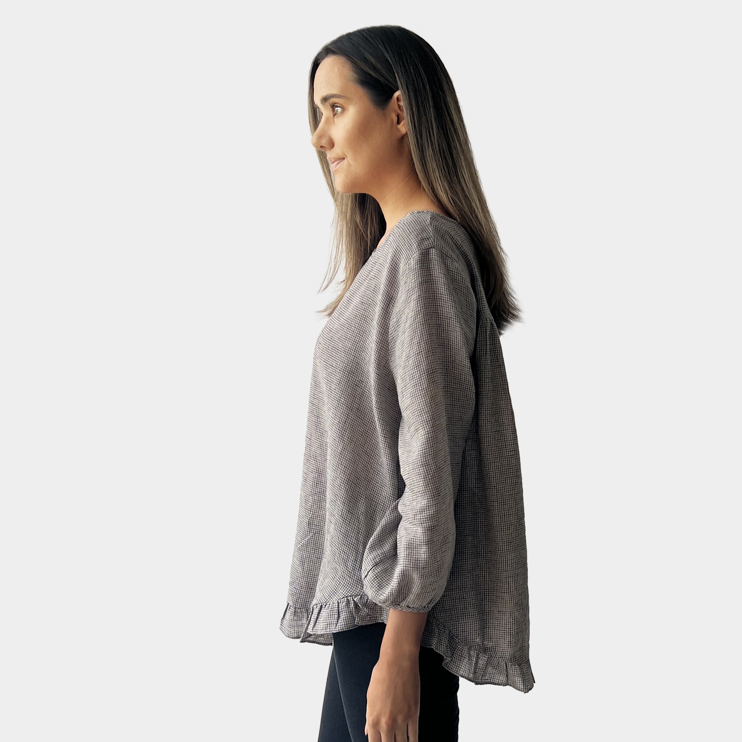 AM022156 SIDE POCKET GINGHAM 100%LINEN TOP