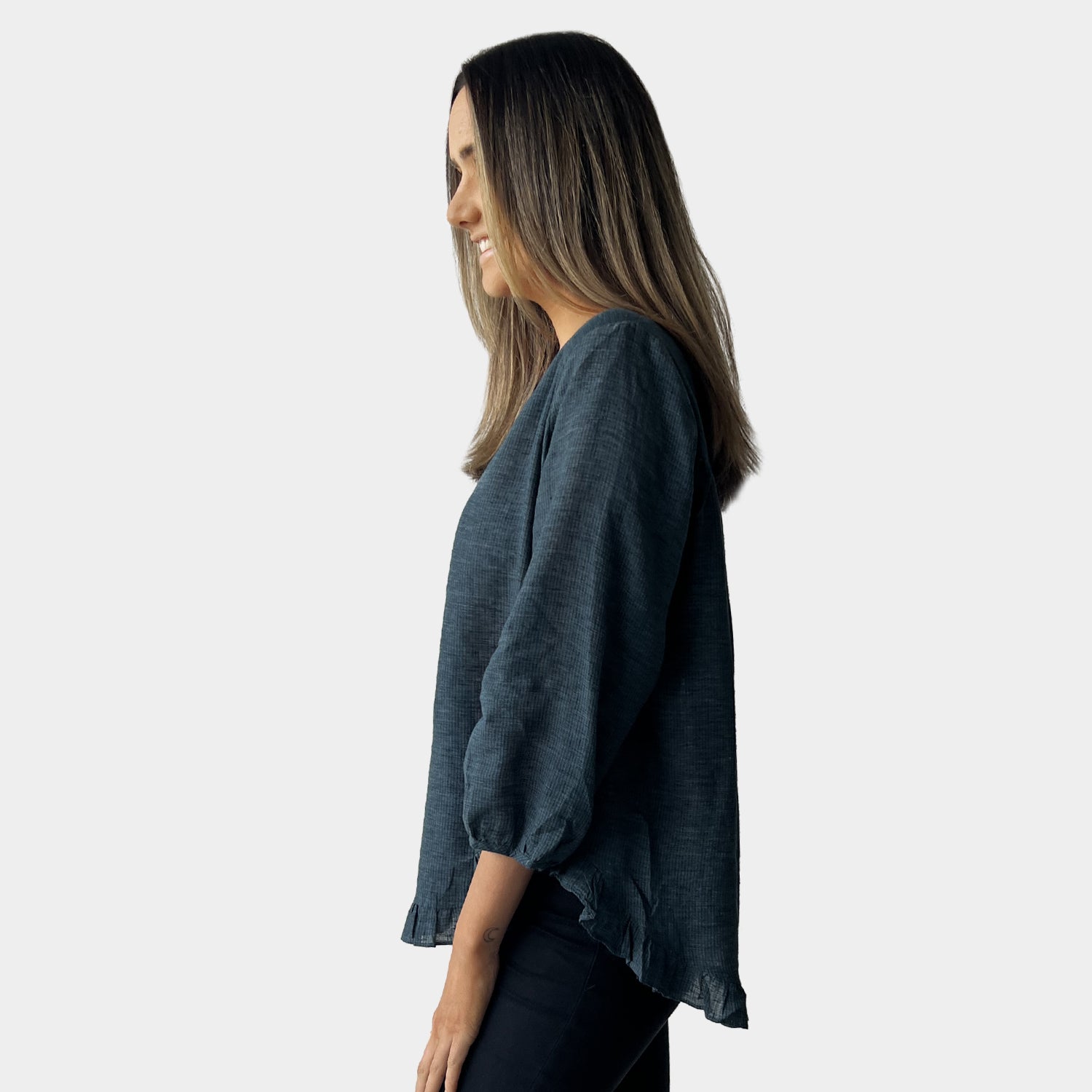 AM022156 SIDE POCKET GINGHAM 100%LINEN TOP