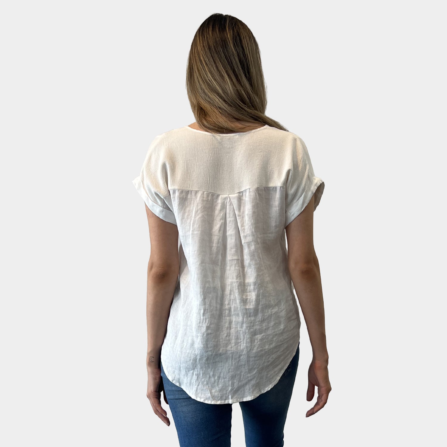AM01265 V NECK MIX TRIM 100%LINEN TOP