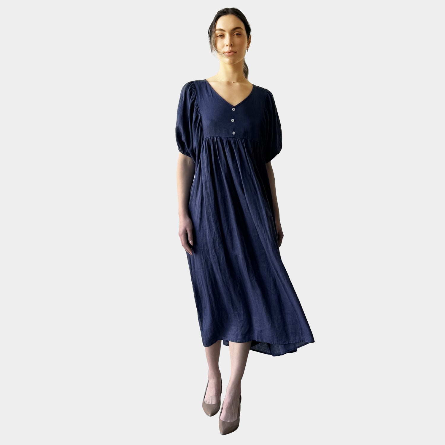 AM0221 SIDE POCKET V NECK 100%LINEN DRESS