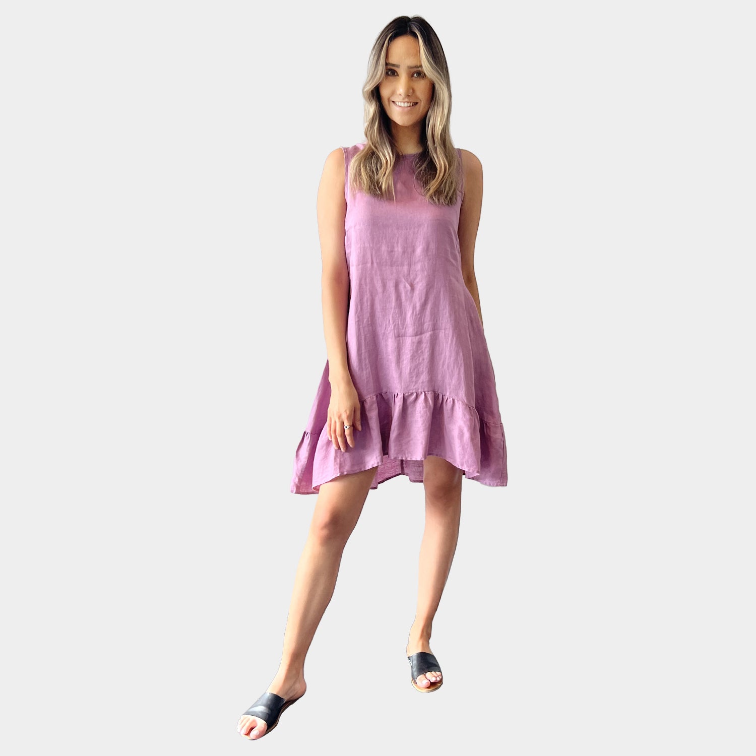 AM01131-1 SLEEVELESS SIDE POCKET 100%LINEN DRESS (SALE)