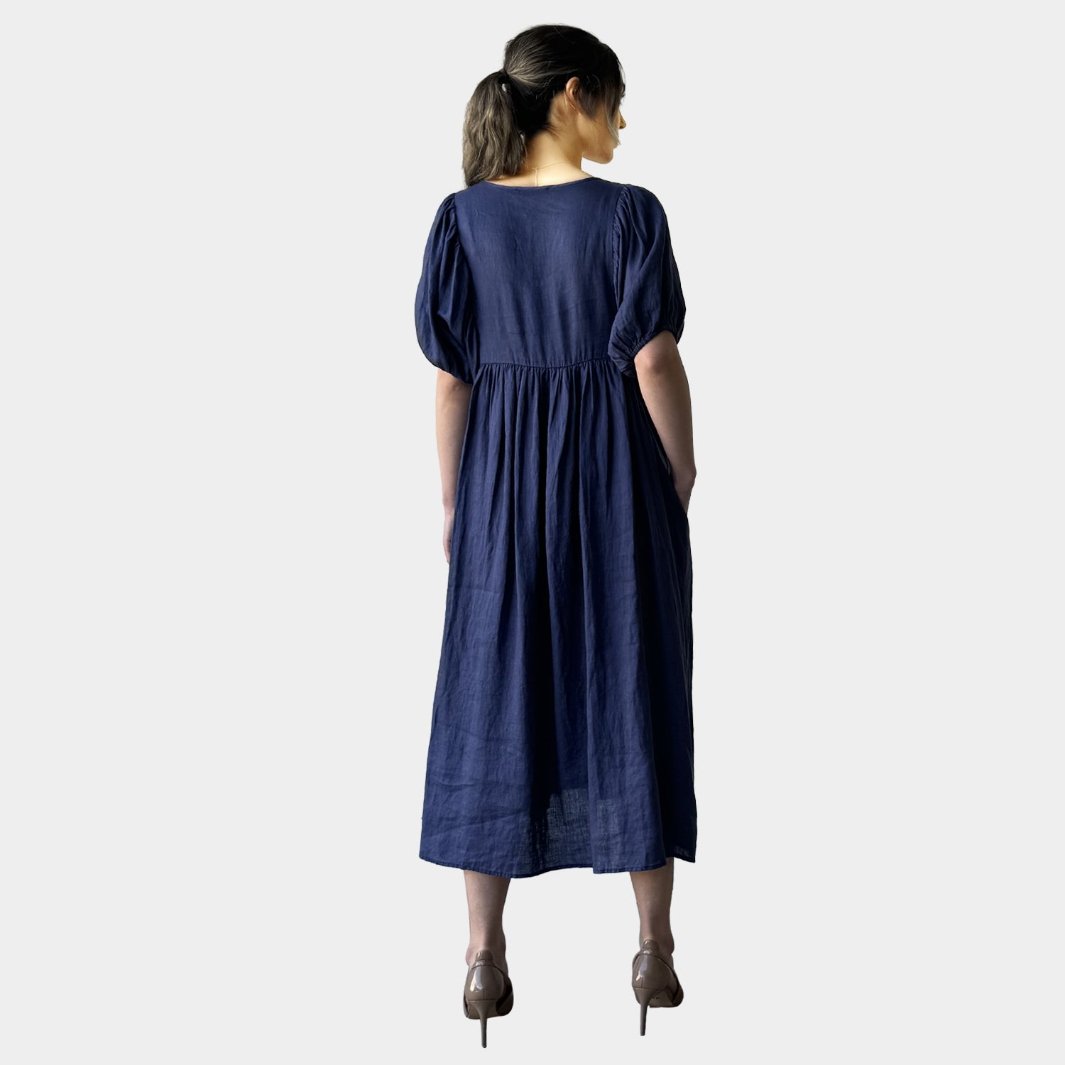 AM0221 SIDE POCKET V NECK 100%LINEN DRESS
