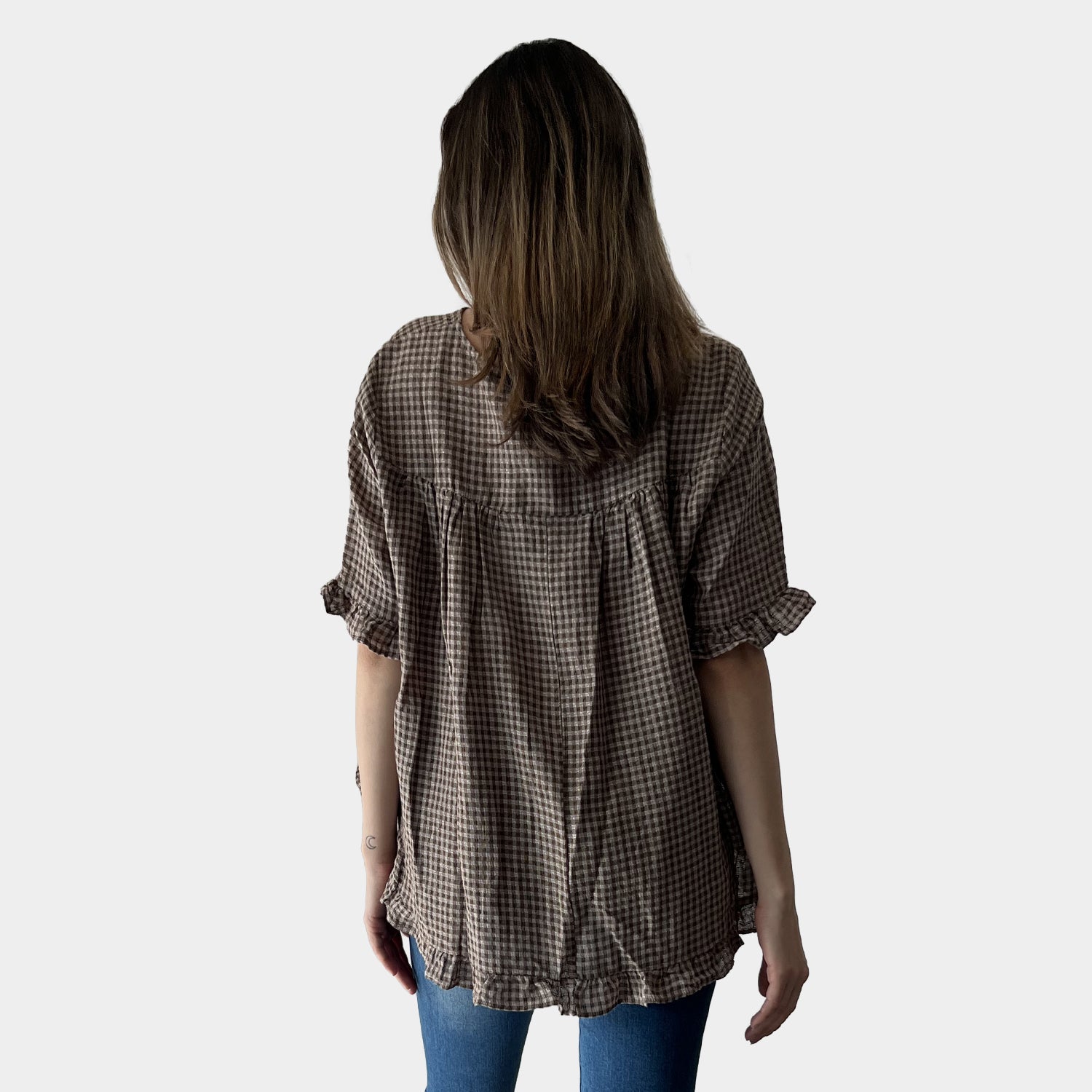 AM02497-1 100%LINEN GINGHAM TOP