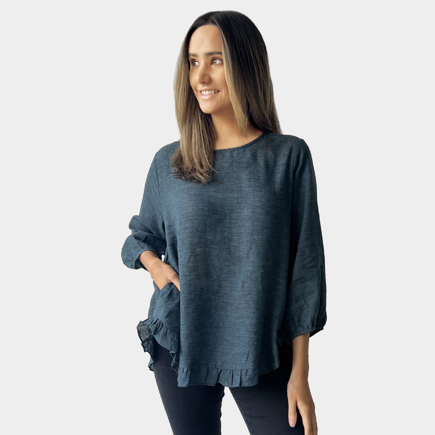 AM022156 SIDE POCKET GINGHAM 100%LINEN TOP