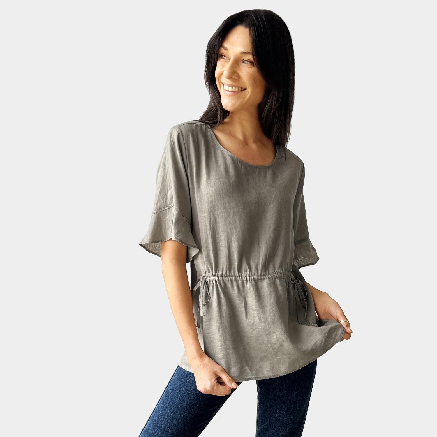 AM023012 FLEXIBLE WAIST 100%LINEN TOP
