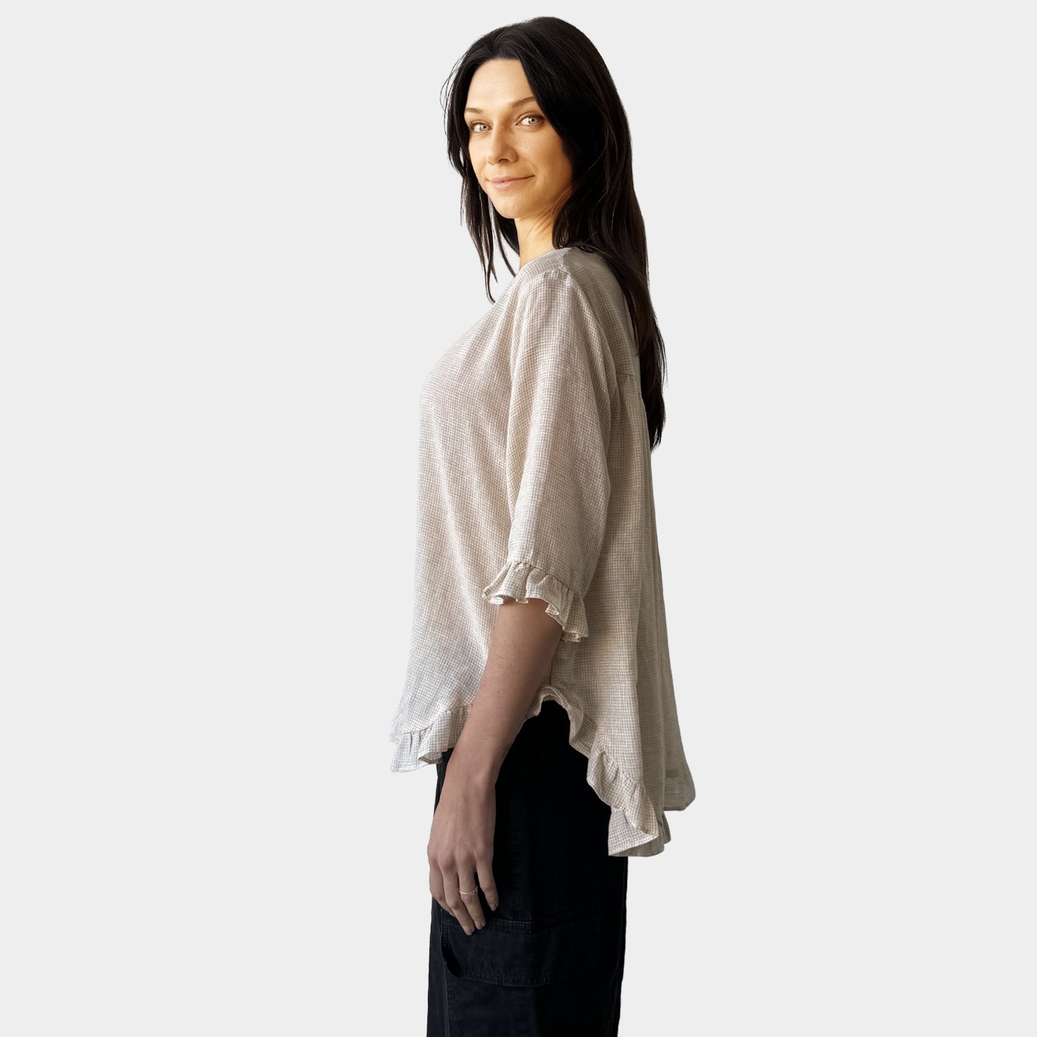 AM02496-1 GINGHAM SIDE POCKET 100%LINEN TOP