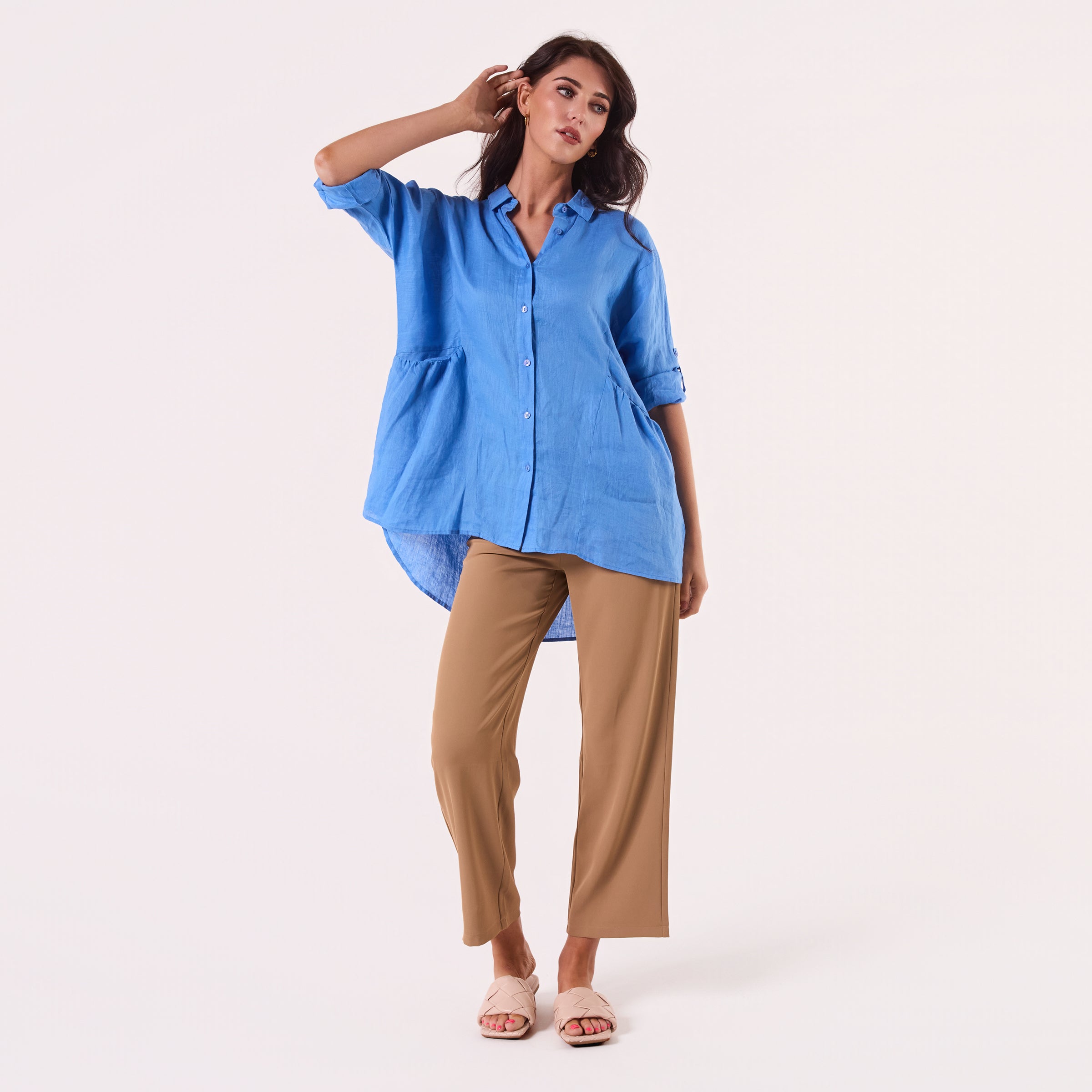 AM01274 SLEEVE BUTTON ROLL UP 100%LINEN SHIRT