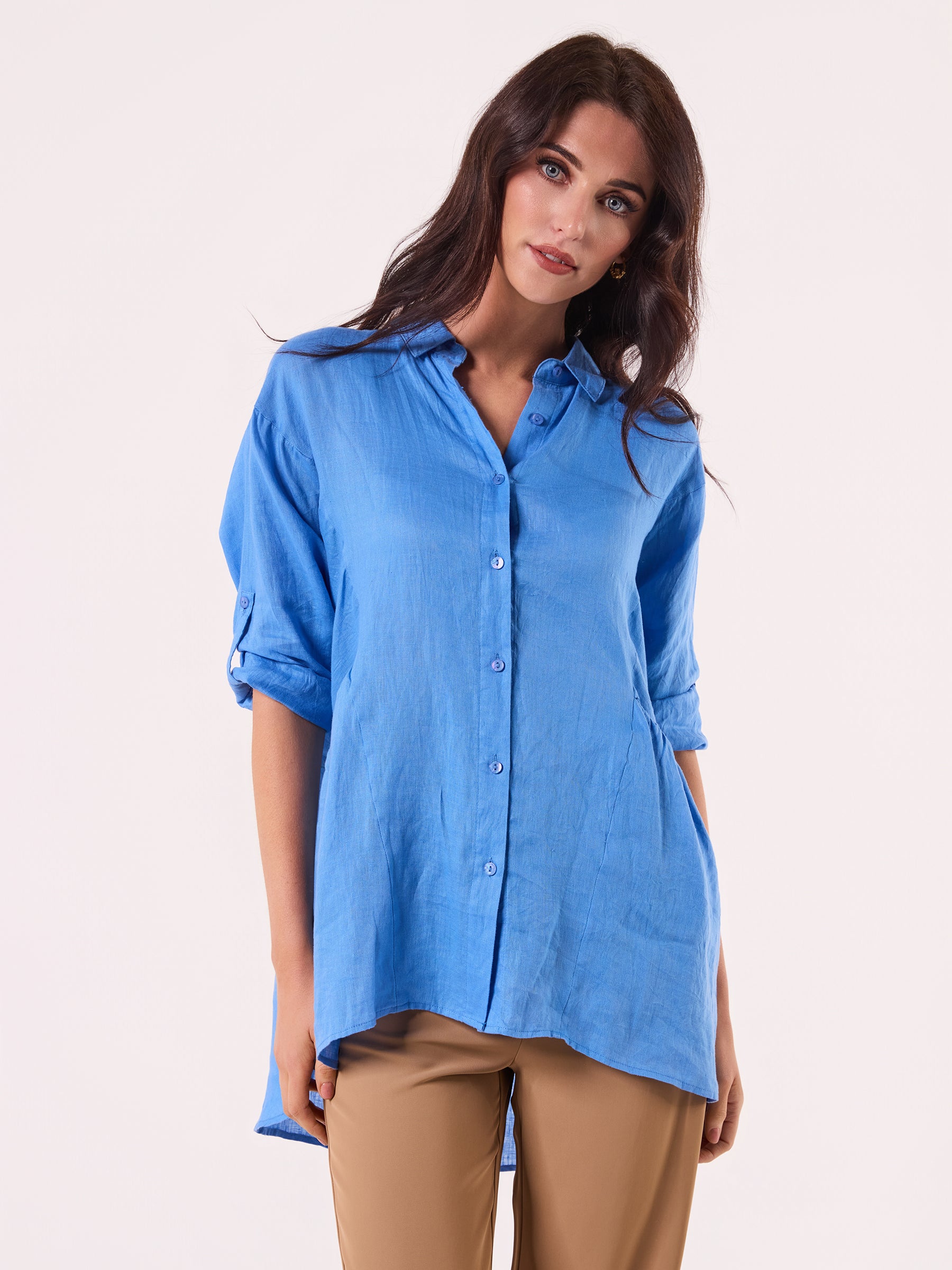 AM01274 SLEEVE BUTTON ROLL UP 100%LINEN SHIRT