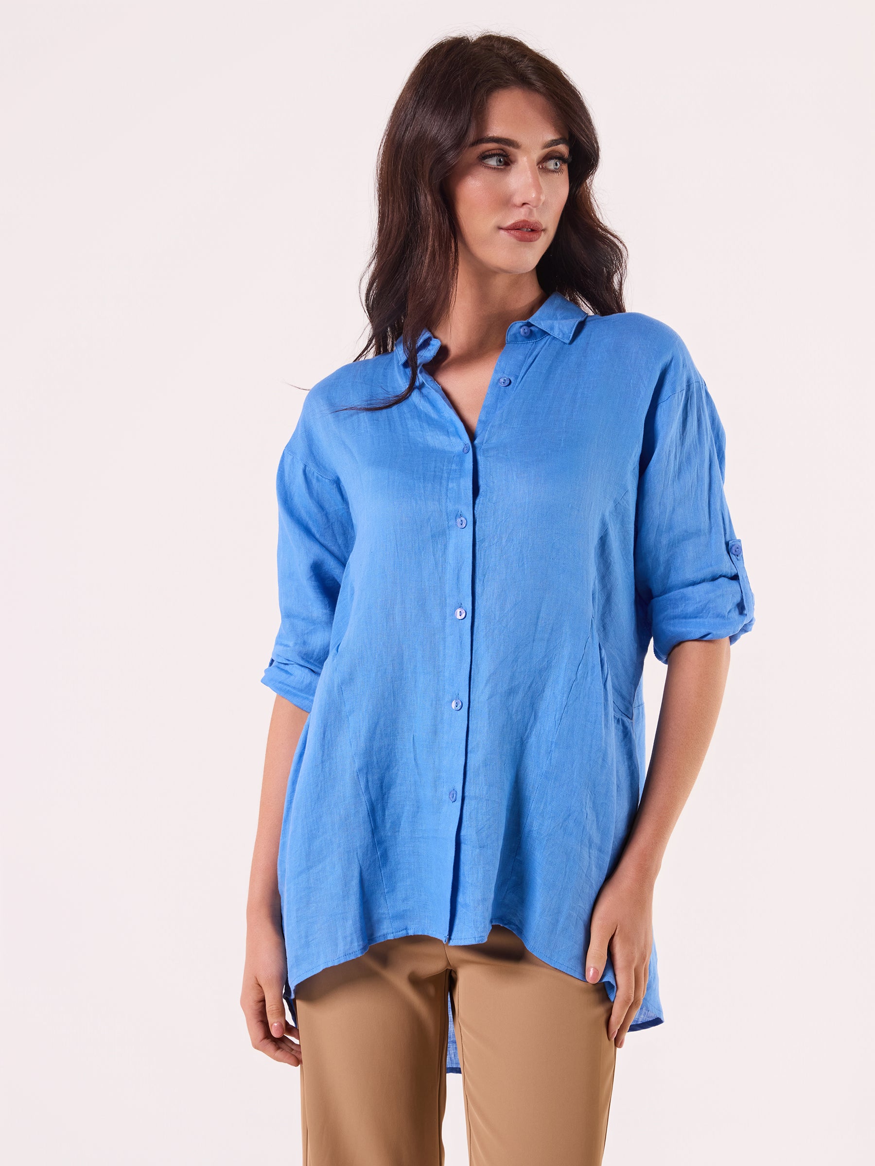 AM01274 SLEEVE BUTTON ROLL UP 100%LINEN SHIRT