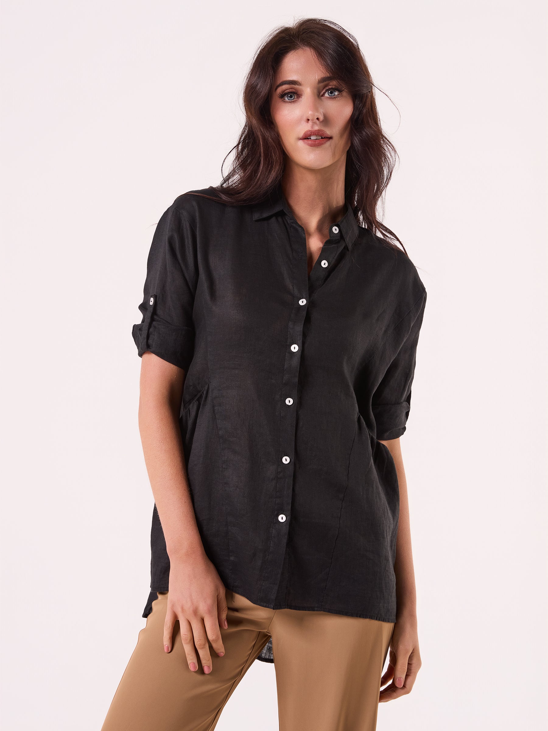 AM01274 SLEEVE BUTTON ROLL UP 100%LINEN SHIRT