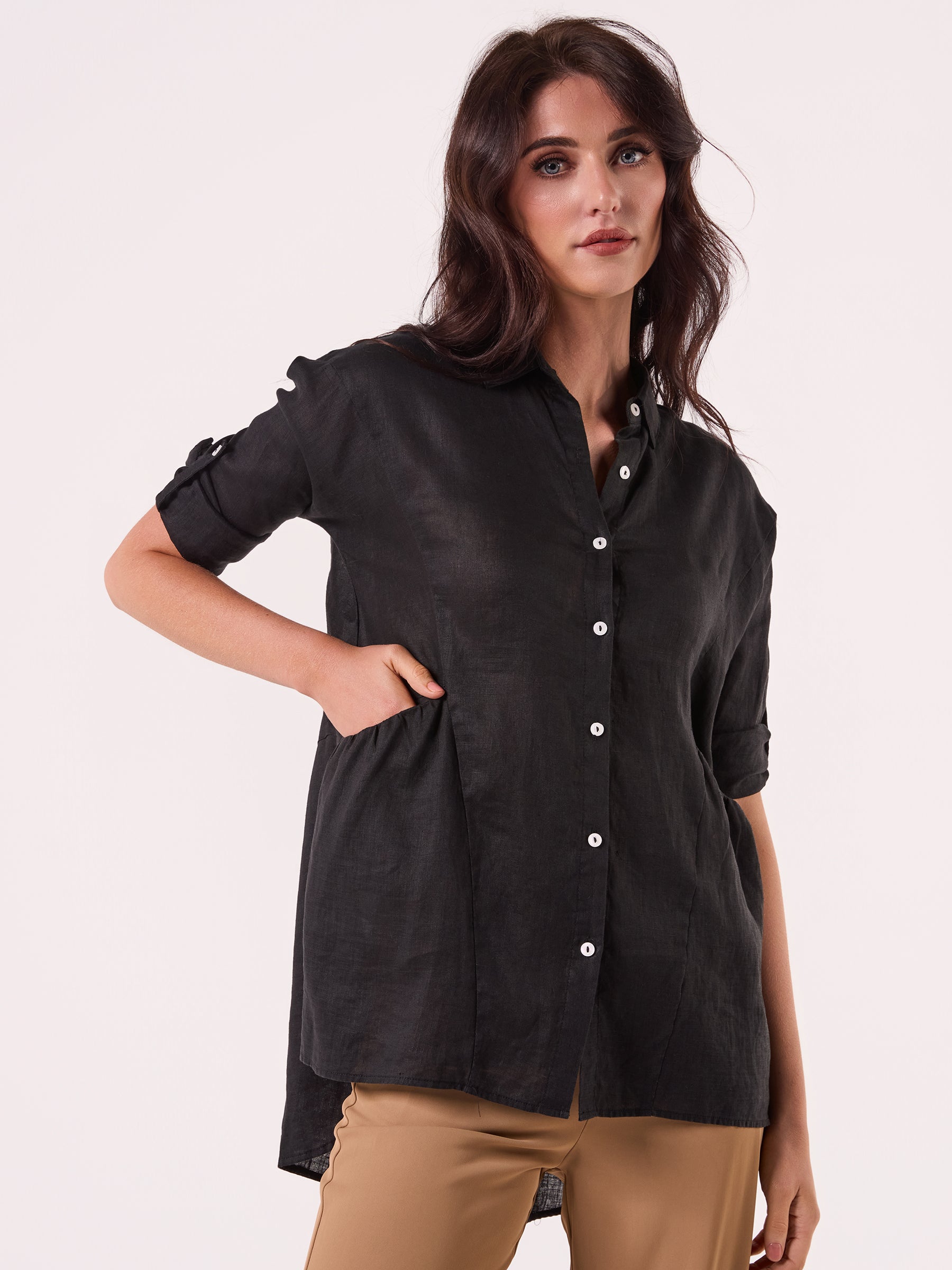 AM01274 SLEEVE BUTTON ROLL UP 100%LINEN SHIRT