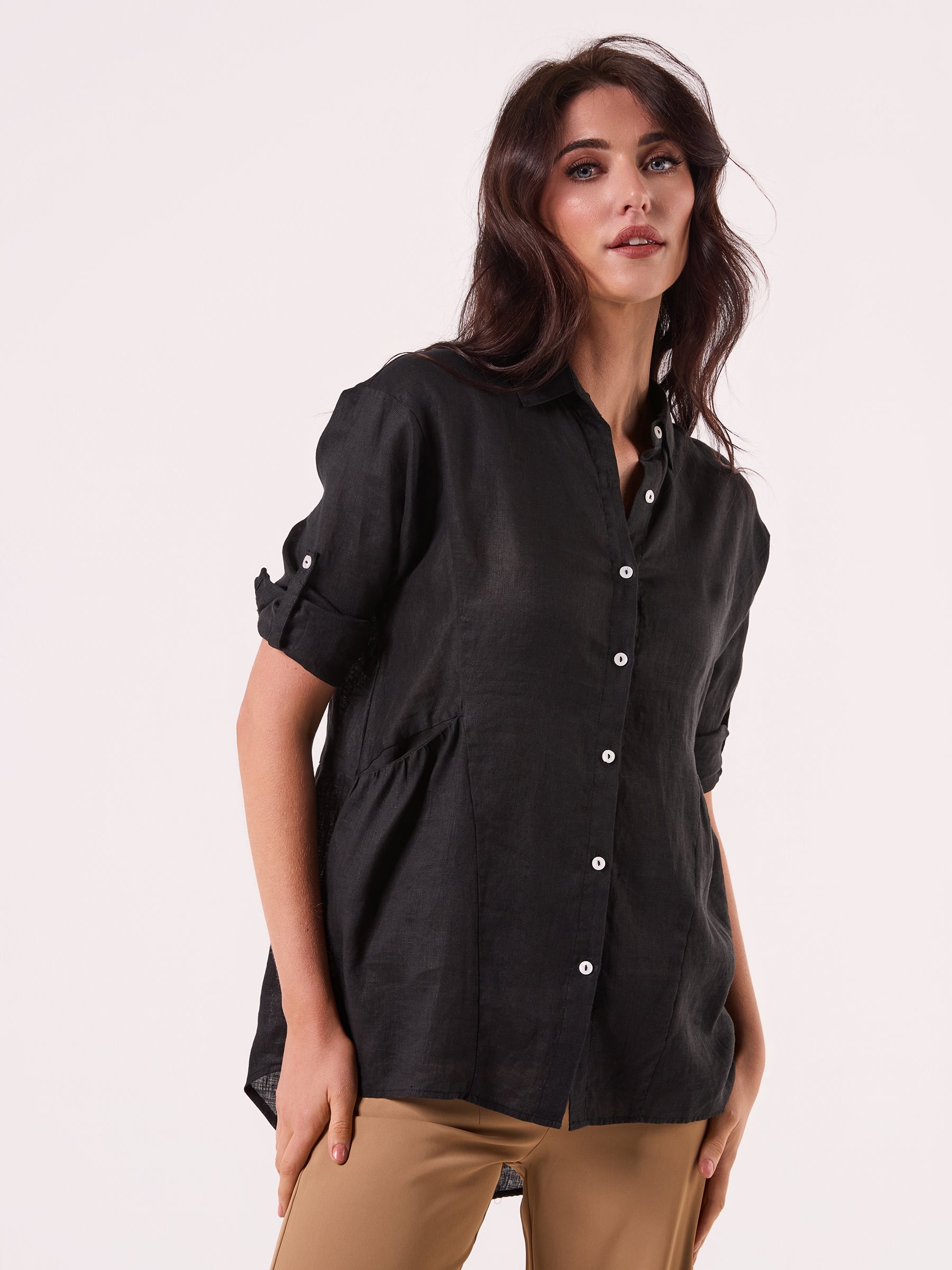 AM01274 SLEEVE BUTTON ROLL UP 100%LINEN SHIRT