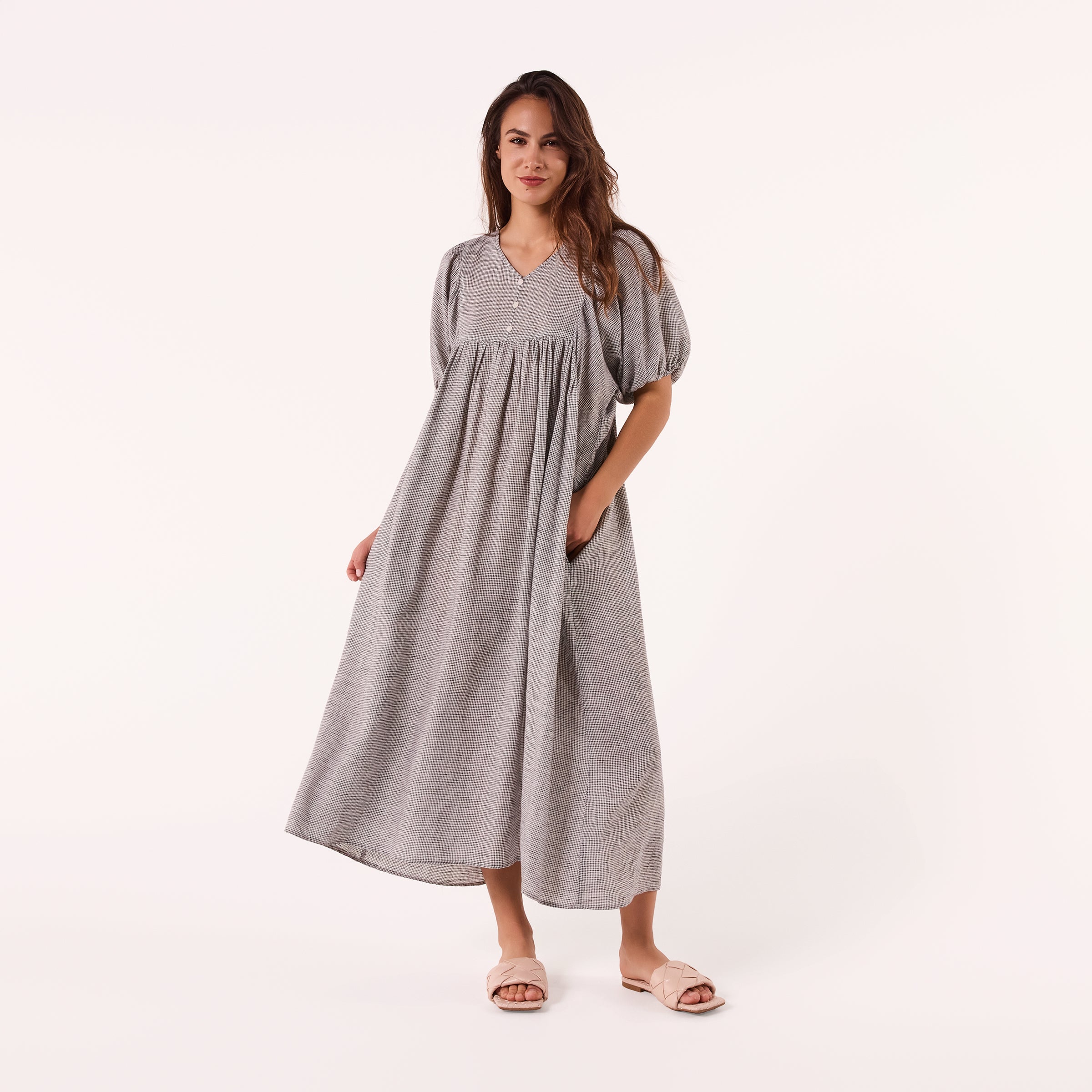AM0221-1 GINGHAM 100%LINEN DRESS