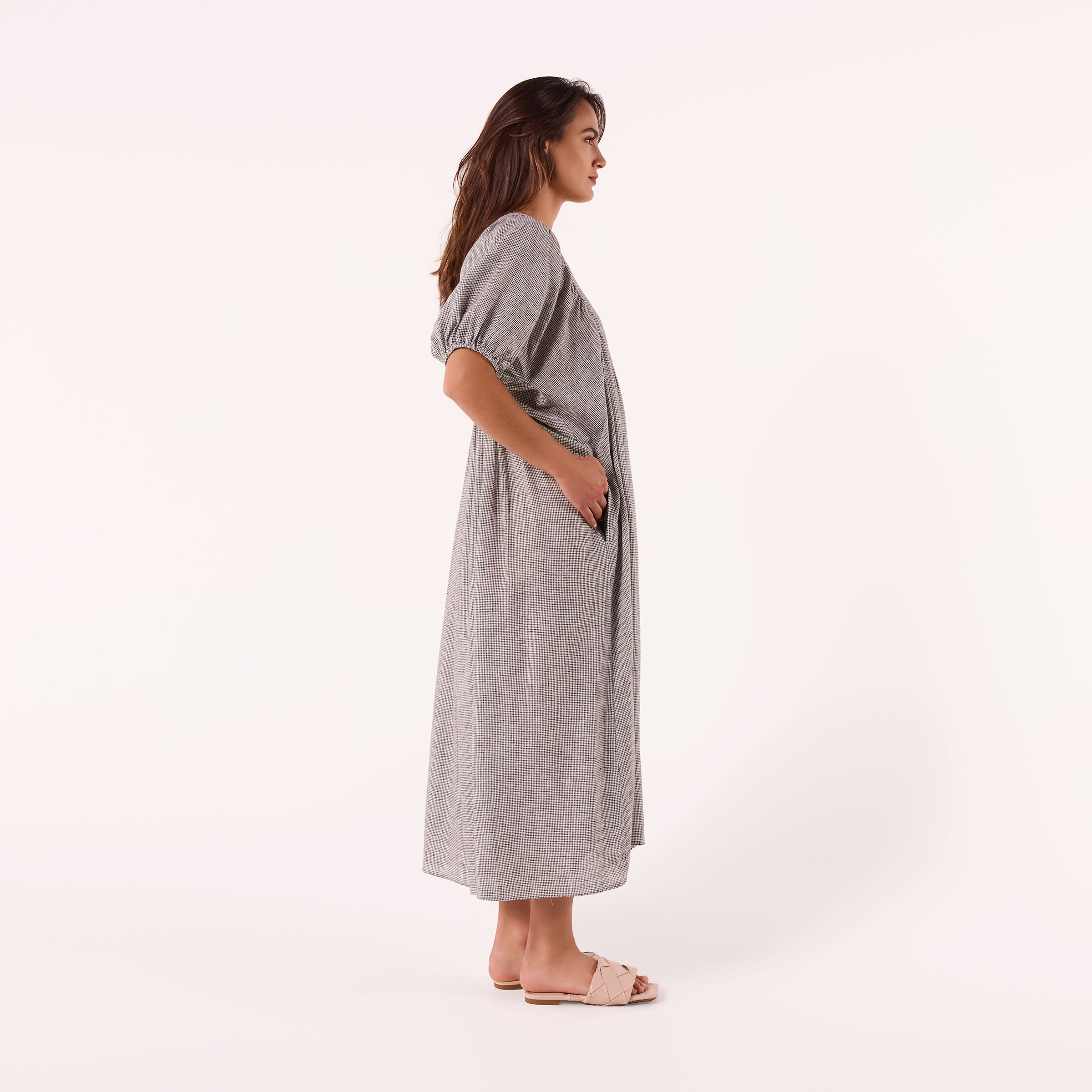 AM0221-1 GINGHAM 100%LINEN DRESS