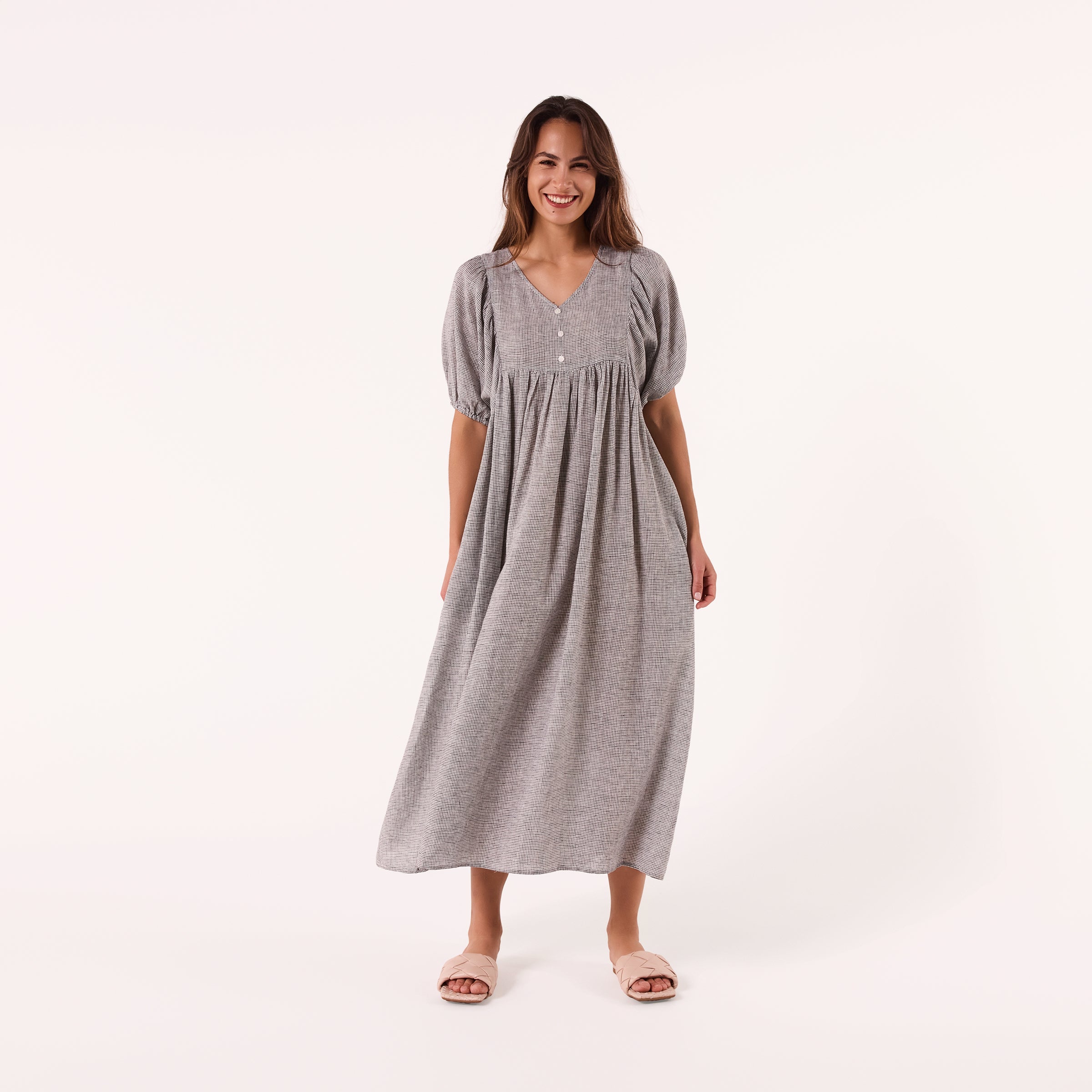 AM0221-1 GINGHAM 100%LINEN DRESS